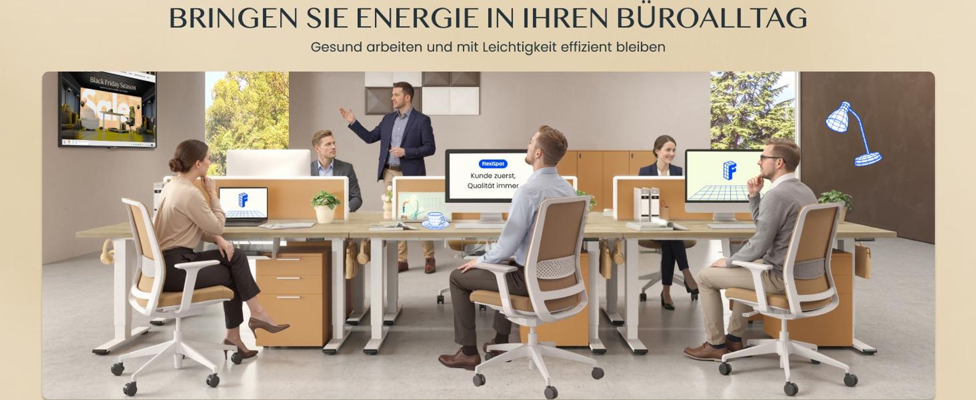 FLEXISPOT E1 Pro Elektrisch Höhenverstellbarer Schreibtisch EU, 120x80cm 25MM EINTEILIGE TISCHPLATTE Doppelmotor 120KG Tragkraft Natur-Eiche Optik