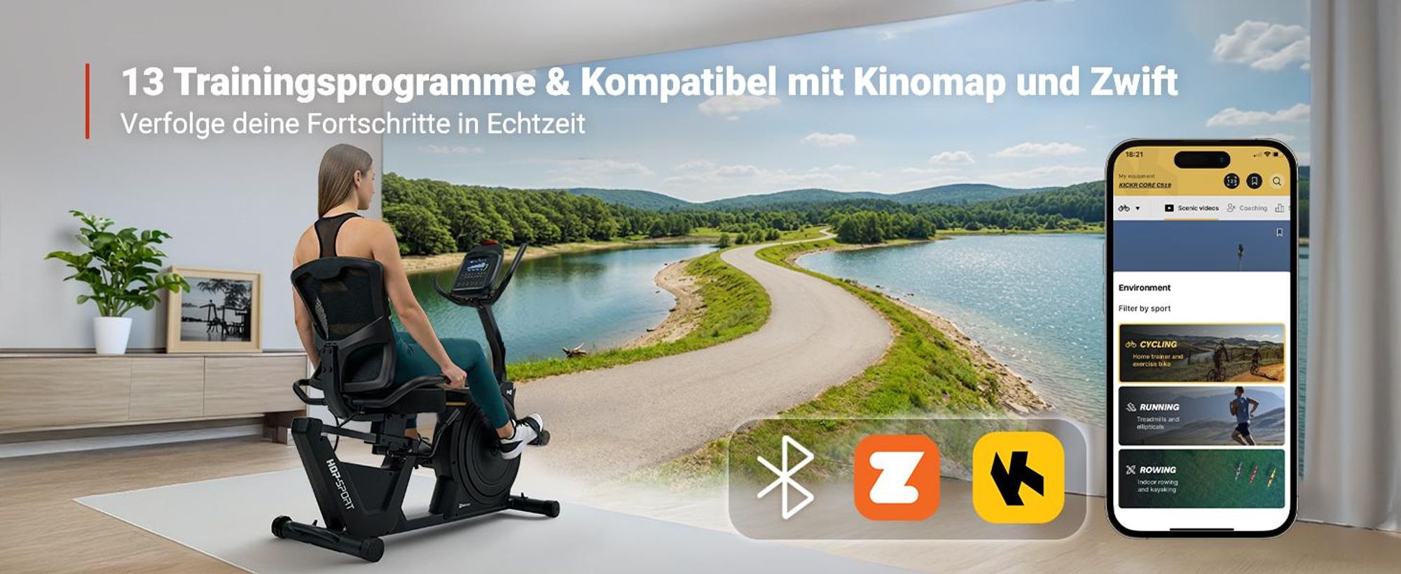 HOP SPORT® HS-5000L Liegeergometer für Zuhause mit Magnetwiderstand | Stationäres Fahrrad | Ergonomischer Sitz | leises Liegerad-Heimtrainer mit Apps
