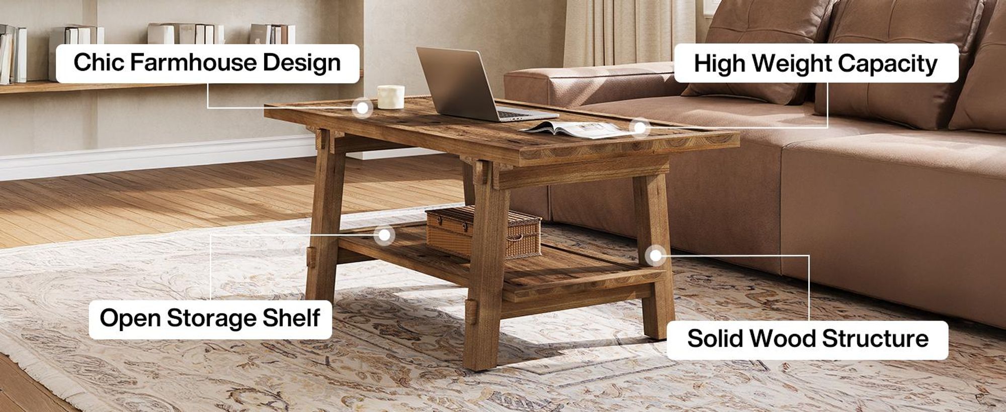 Massivholz-Couchtisch, 120 cm rechteckiger Sofatisch mit 2 Ebenen, zweistöckiger rechteckiger Beistelltisch mit Stauraum, rustikaler