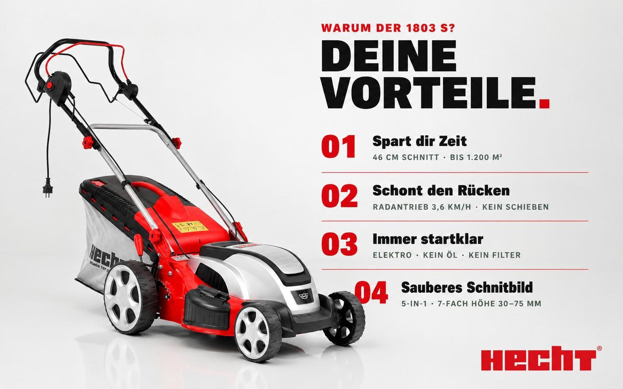 HECHT Rasenmäher Elektro mit Antrieb 1803 S | 5in1 | 46 cm Schnittbreite | 1800 W | 60 L Fangkorb | Mulchkit | Stahlgehäuse