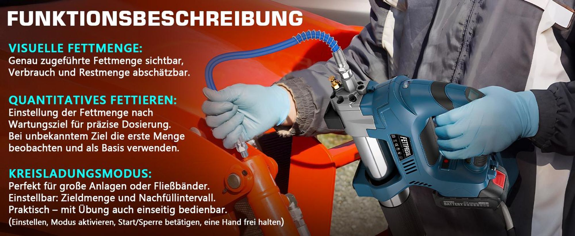 15000PSI Akku Fettpresse mit 2 Akkus, Mengenzähler Zyklische Dosierung LED-Licht, 2 Befüllarten. Schmierpressen Kartuschenpistole Für Lager, Maschinen