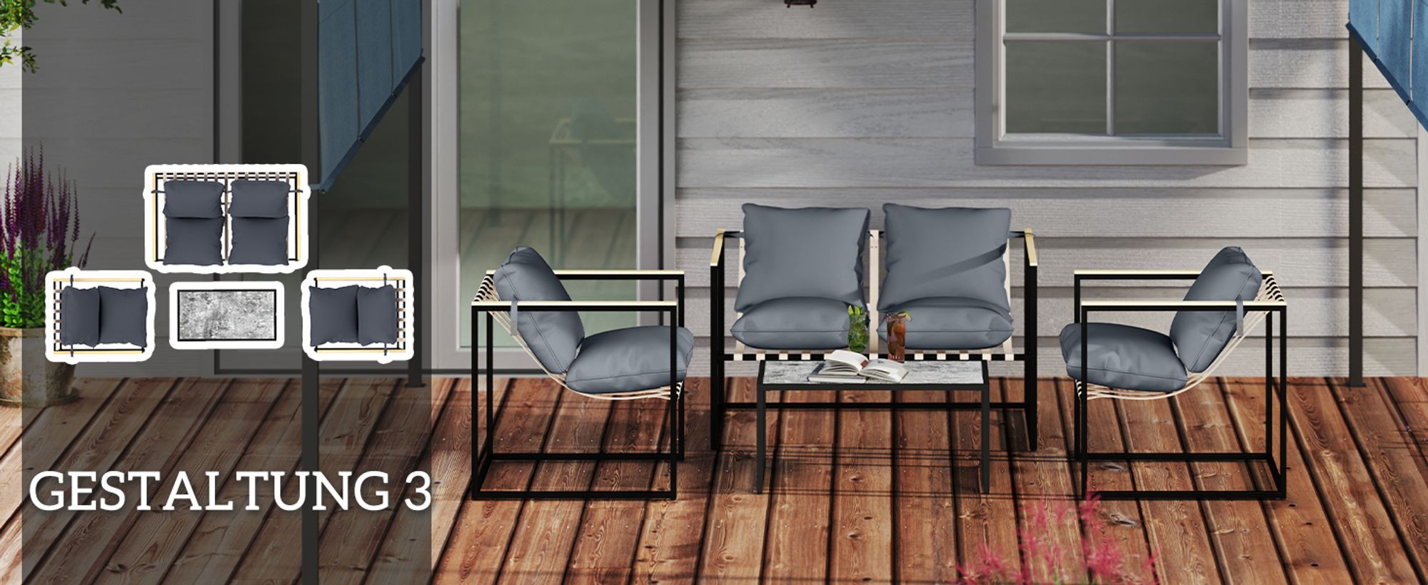 Outsunny Stahl Gartenmöbel Set 4 Personen Balkonmöbel-Set mit 2er Sofa Grau