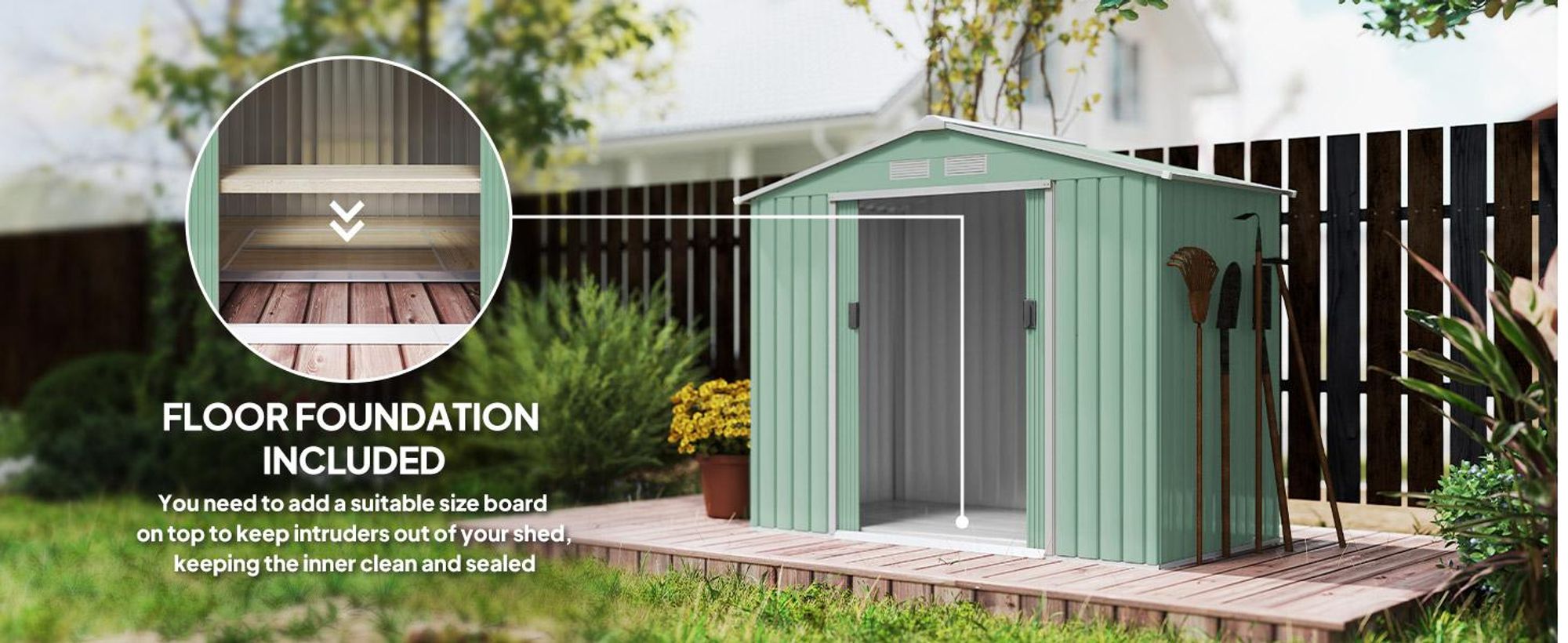 Domek narzędziowy Outsunny 2,5 m² z dachem dwuspadowym, drzwiami przesuwnymi, fundamentem, 213 x 130 x 185 cm, ocynkowany, stalowy, odporny na warunki atmosferyczne, do ogrodu, zielony