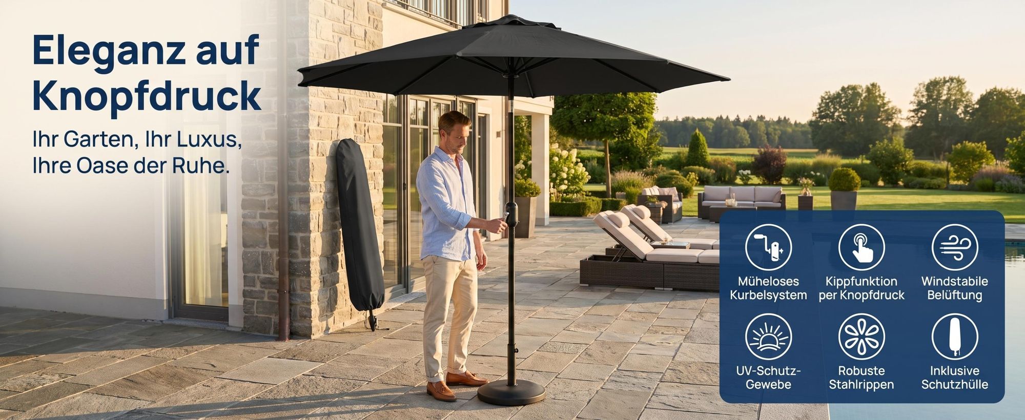 Alu Sonnenschirm Ø270cm Gartenschirm Terrassenschirm Marktschirm neigbar mit Kurbel Aluminium Mast UV50+ Bespannung MALTA+ Grau