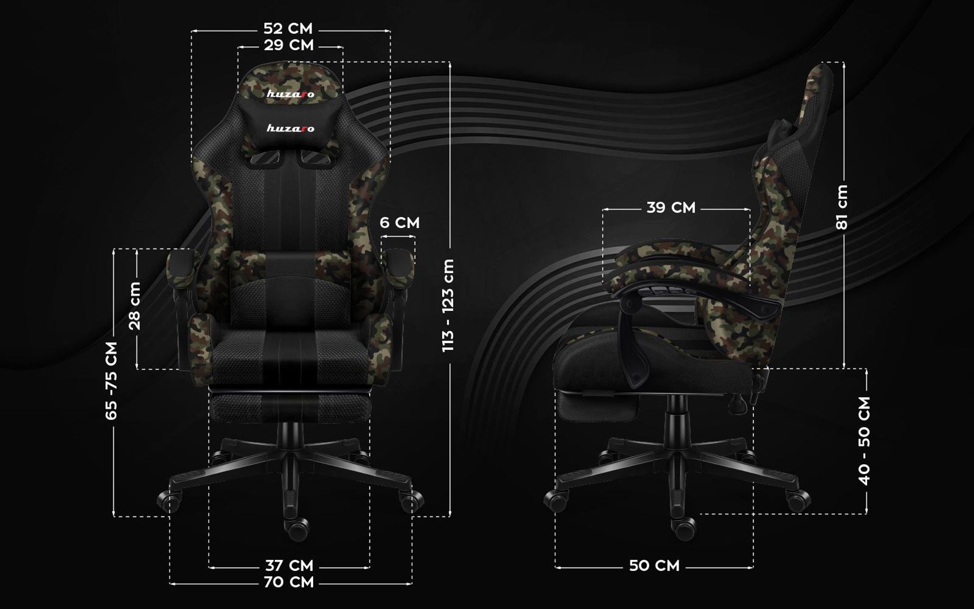 Huzaro Force 4.7 | Gaming Stuhl Bürostuhl Computerstuhl PC Chair | 90-140° Neigungswinkel Kopfstütze Lendenkissen Fußstütze Stoff | Camouflage Schwarz