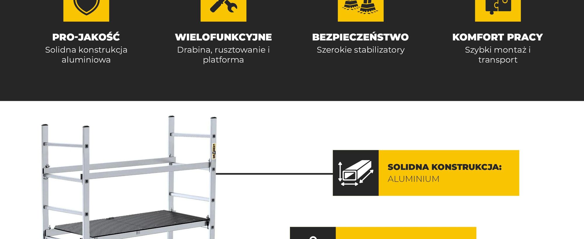 Drabest | Rusztowanie Jezdne Aluminiowe, 3w1, Drabina Przegubowa, Platforma 130 x 60 cm, 4 m, Udźwig 150 kg, Rusztowanie Jezdne