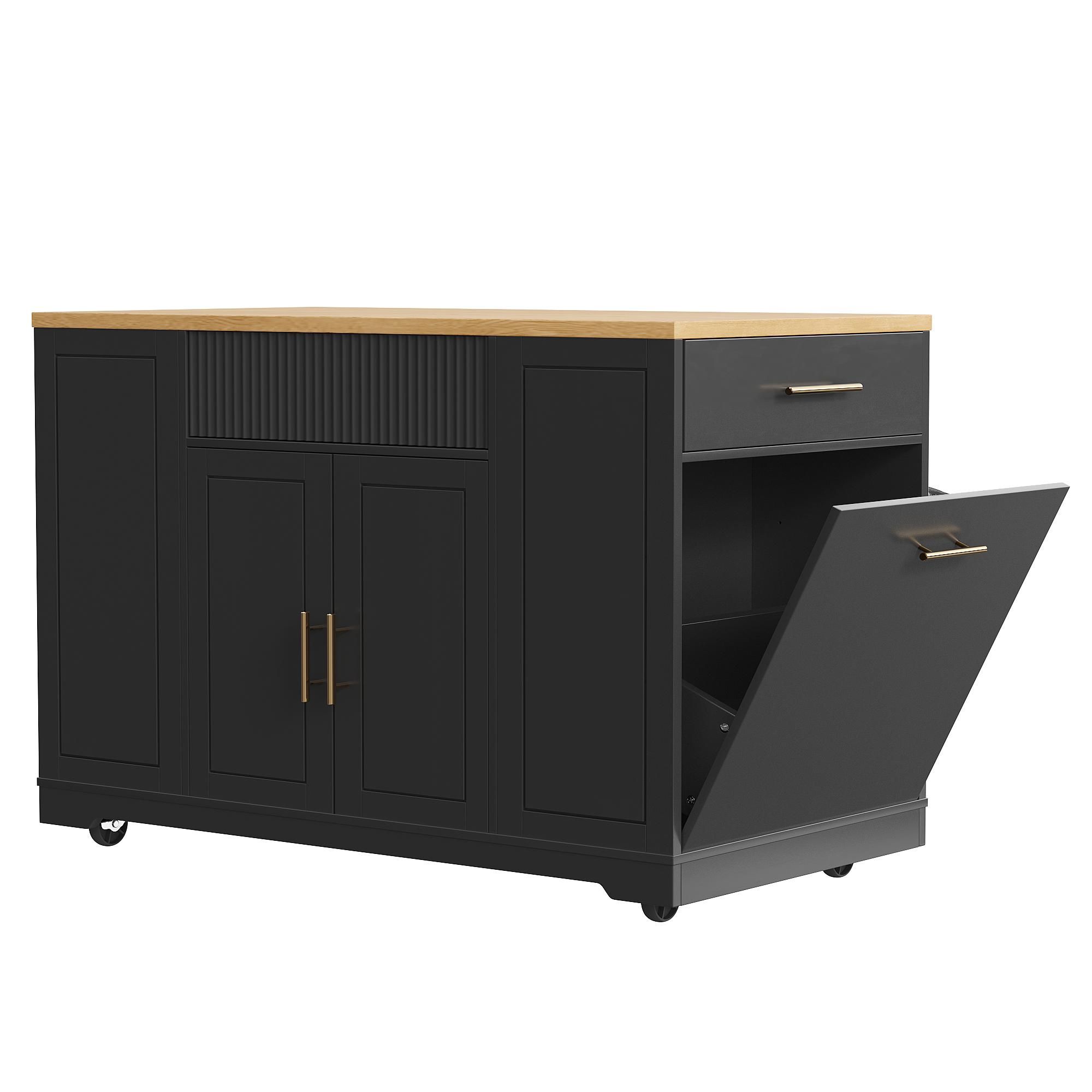 Flieks Servierwagen Kücheninsel mit Abfallbehälterfach, Küchenschrank Speisewagen mit 3 Schubladen und 2 Türen, 120 x 50 x 92 cm, Schwarz