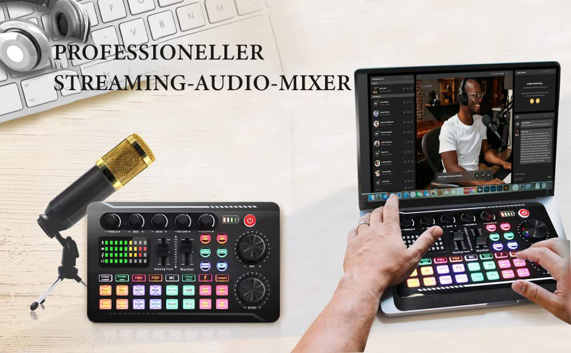 ZELURXX Live-Soundkarte, Bluetooth-Sprachwechsler, Audio Mixer Multifunktionaler, für Live Streaming, Broadcast, Aufzeichnung, Schwarz