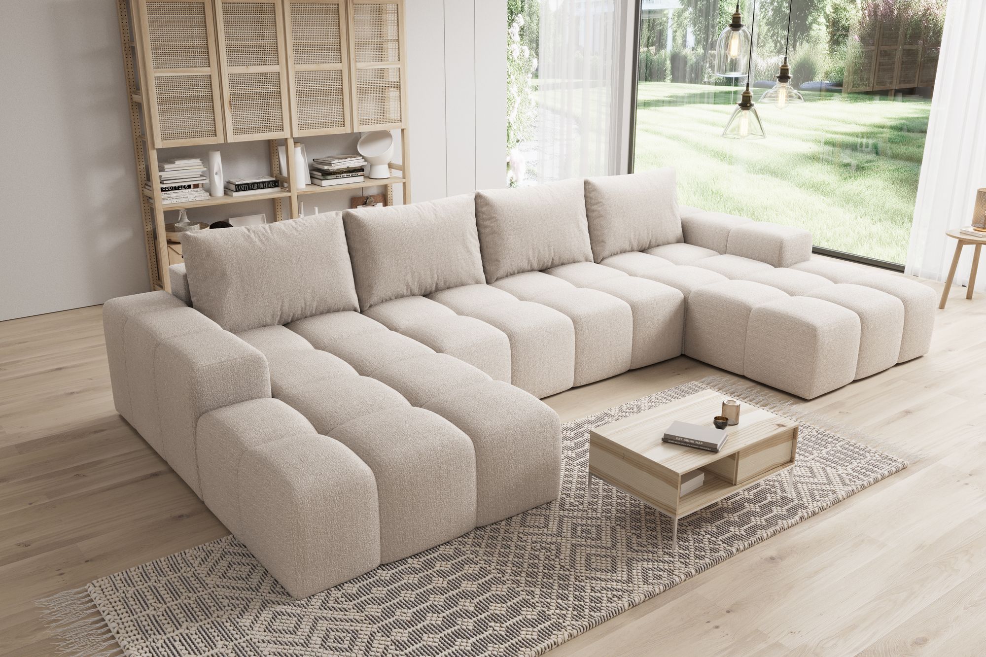 Moebelfest Lusso Ecksofa U-Form Couch Creme Teddy-Bouclé - Stoff