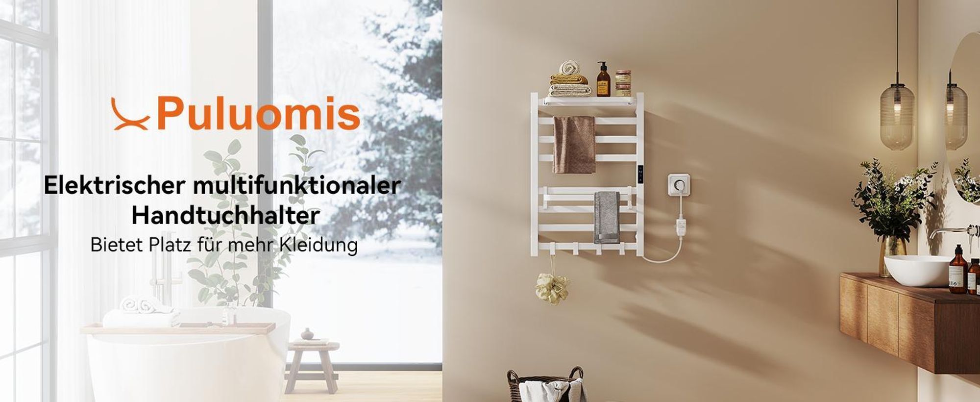 Puluomis Heizkörper Elektrischer Handtuchwärmer mit LED-Touchdisplay, 45-70°C einstellbar, Timer, 90° drehbares Ablagefach, RCCB Schutz weiß
