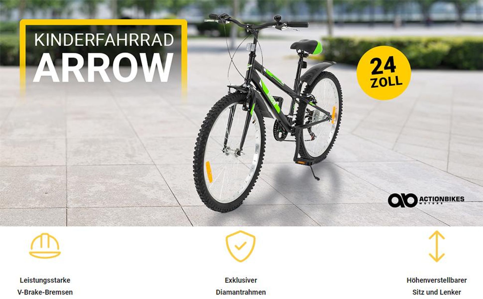 Actionbikes Kinderfahrrad Arrow 24 Zoll | Kinder Fahrrad- V-Brake Bremsen - Kettenschutz - Fahrradständer - Handschaltung - 8-12 Jahre (Schwarz/Grün)