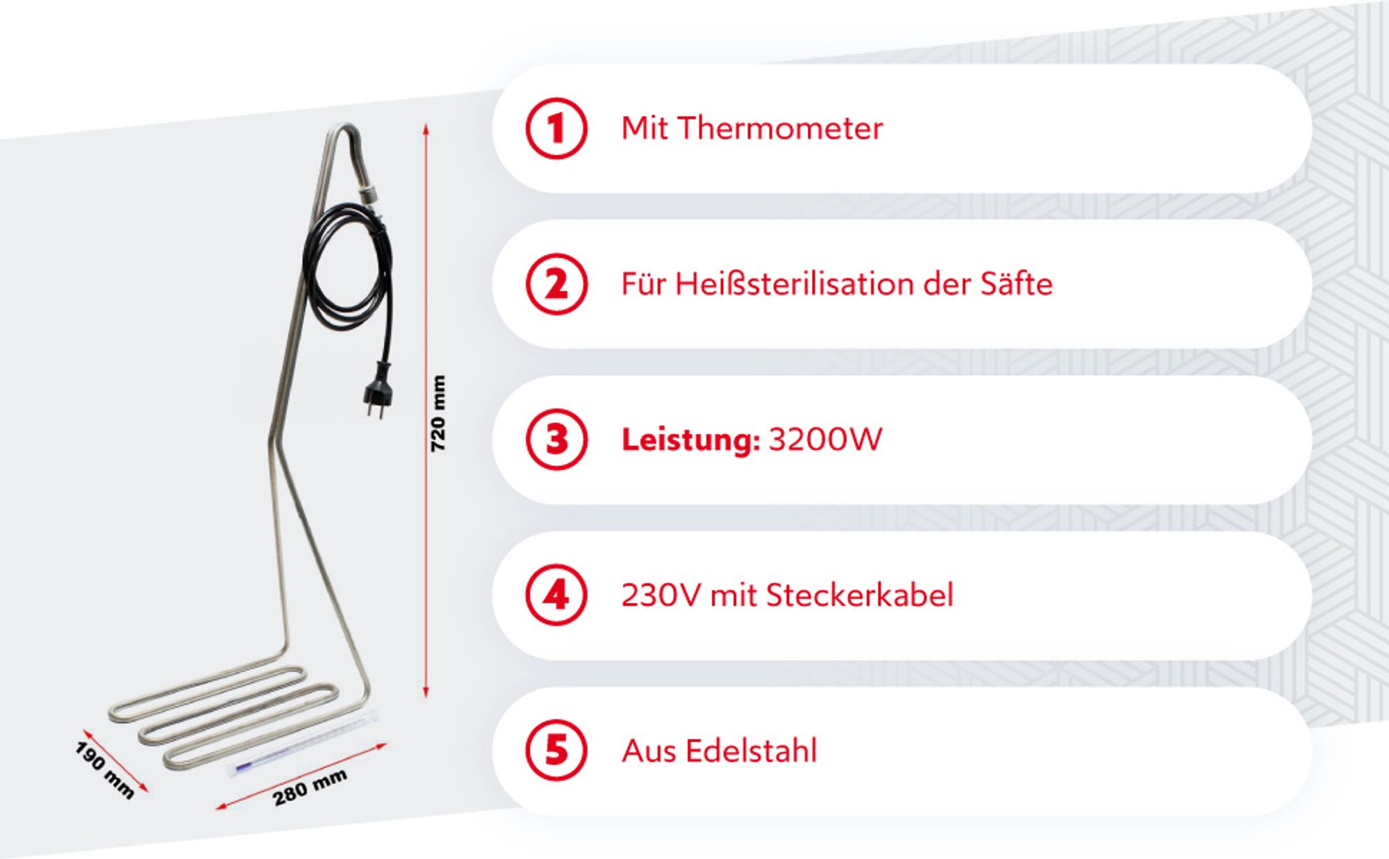 Wiltec Edelstahl Flächentauchsieder mit Thermometer, 3200 W, Tauchsieder mit Steckerkabel zur Heißsterilisation von Obstsäften