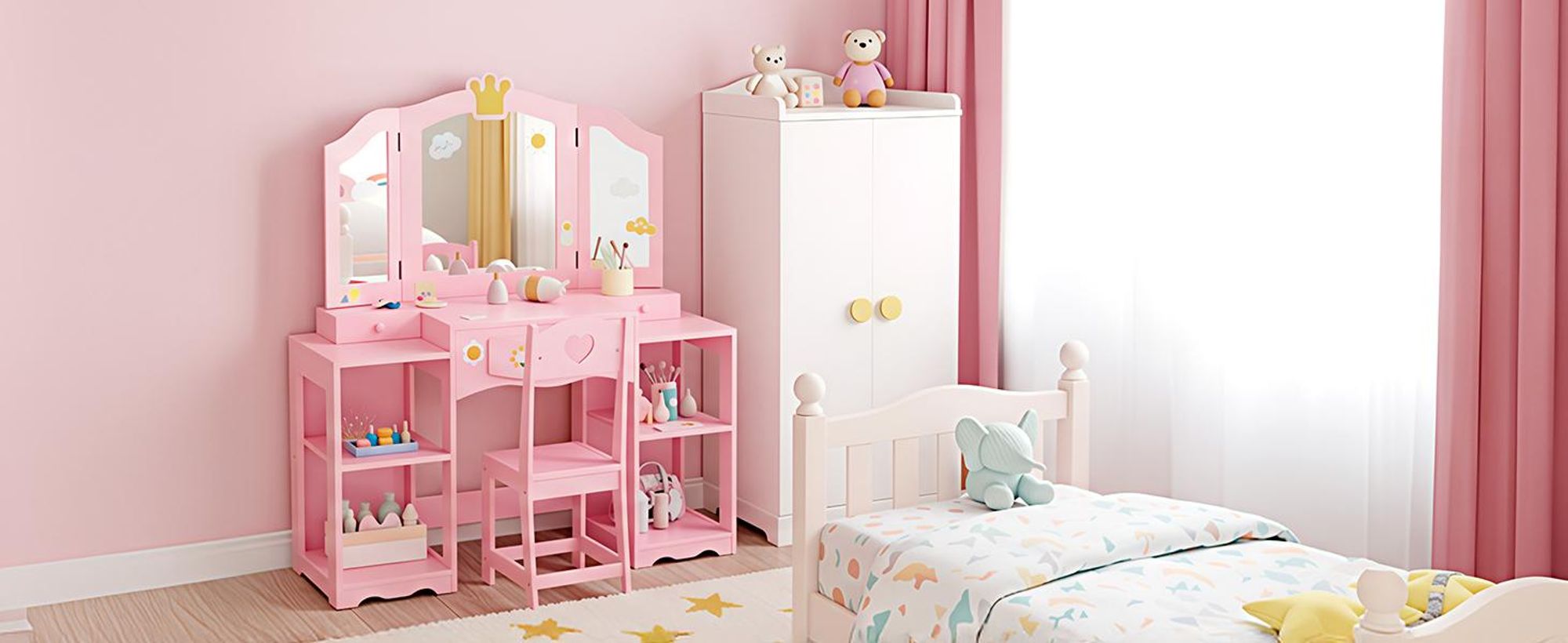 FCH Kinder Schminktisch Prinzessin mit Hocker, Frisiertisch mit dreifach klappbarem Spiegel, Regale, Schublade, Rosa