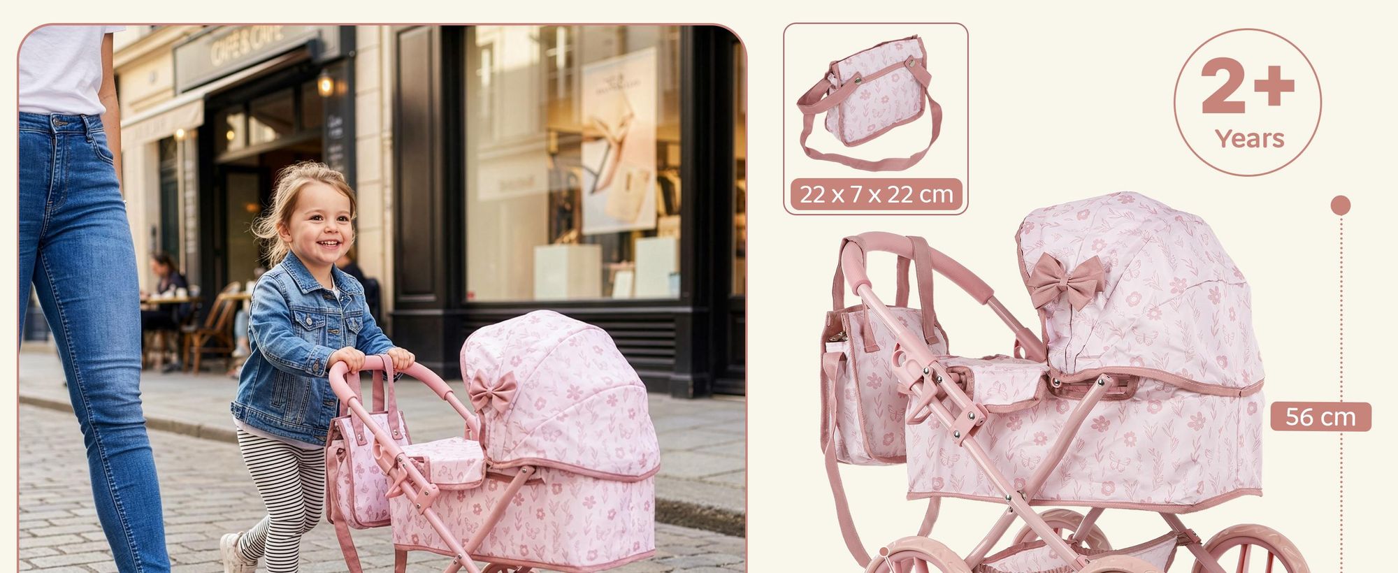 Puppenwagen mit Tasche und Klappdach – Kinderwagen für Puppen – rosa, höhenverstellbare Griffhöhe ca. 54 cm
