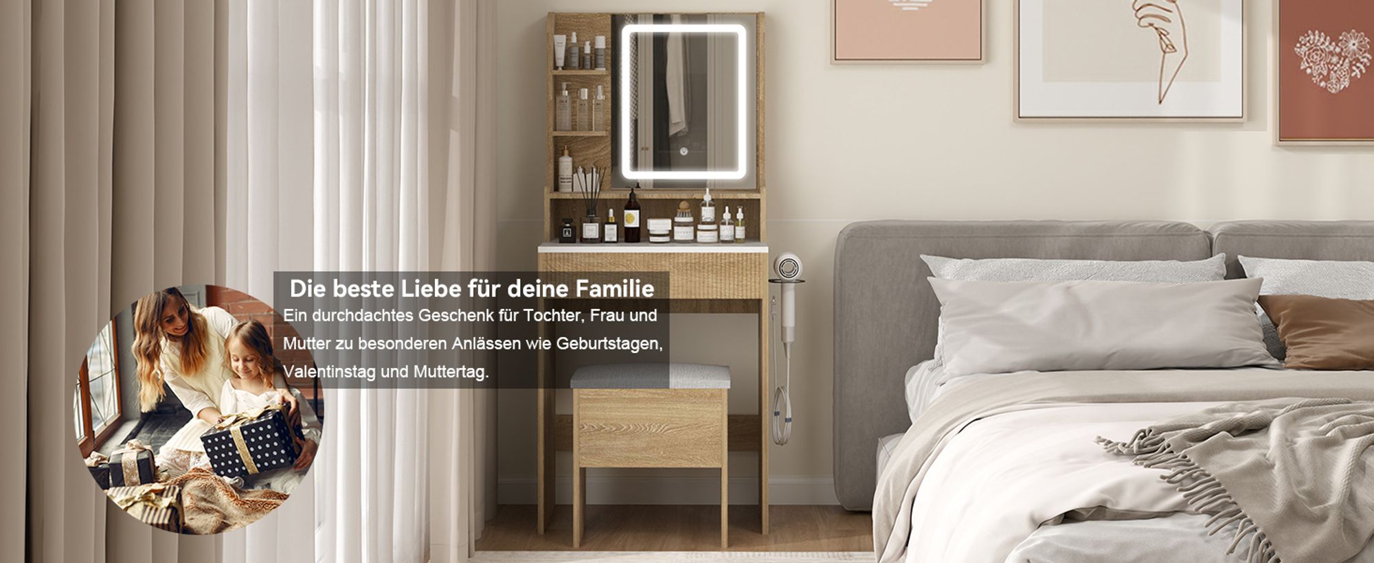 Puluomis Schminktisch mit LED Beleuchtung Spiegel, Kosmetiktisch Frisiertisch mit gepolstertem Hocker,3 Beleuchtungmodi, Holzfarbe
