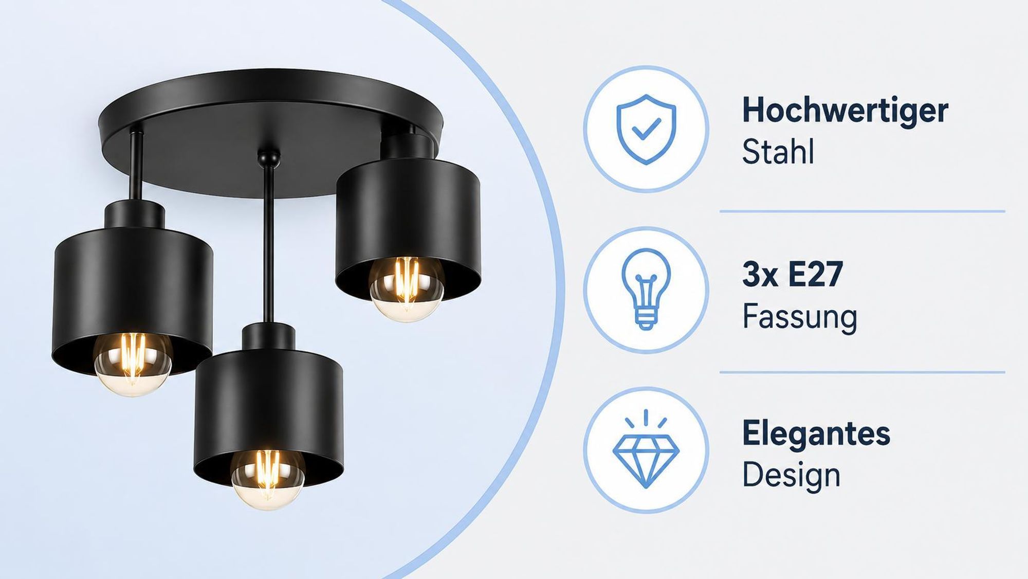 MasterLED Deckenleuchte – 3-flammig – Schwarz E27 – Moderne Deckenlampe Industrie-Design – Stahl