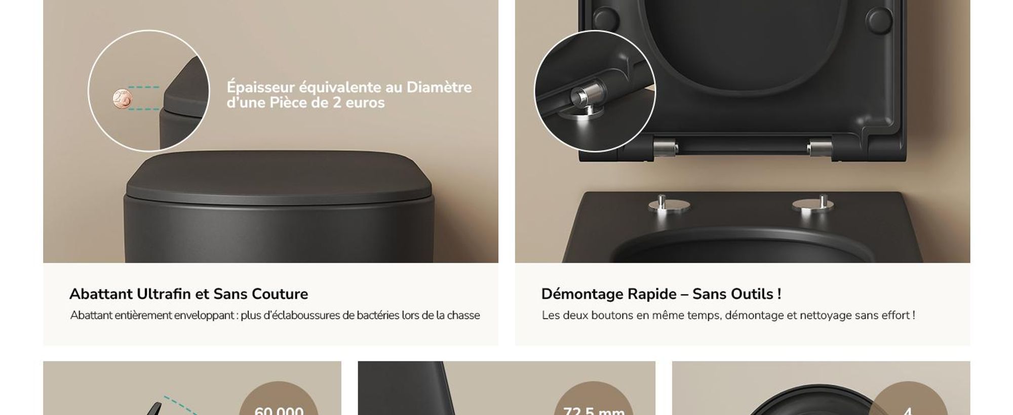 EMKE Toilettes suspendues sans rebord Céramique Économies d'eau Toilettes à fixation murale avec chasse d'eau directe Contre-rinçage à double trou Couvercle Soft-Close Noir mat