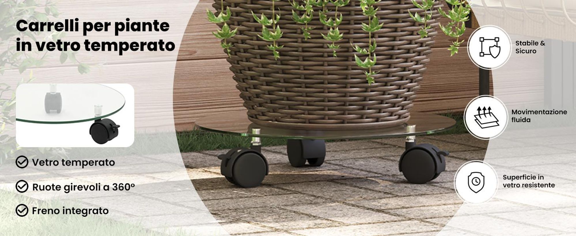 vidaXL Supporto per piante con rotelle 2 pezzi in vetro temperato 28 cm rotondo