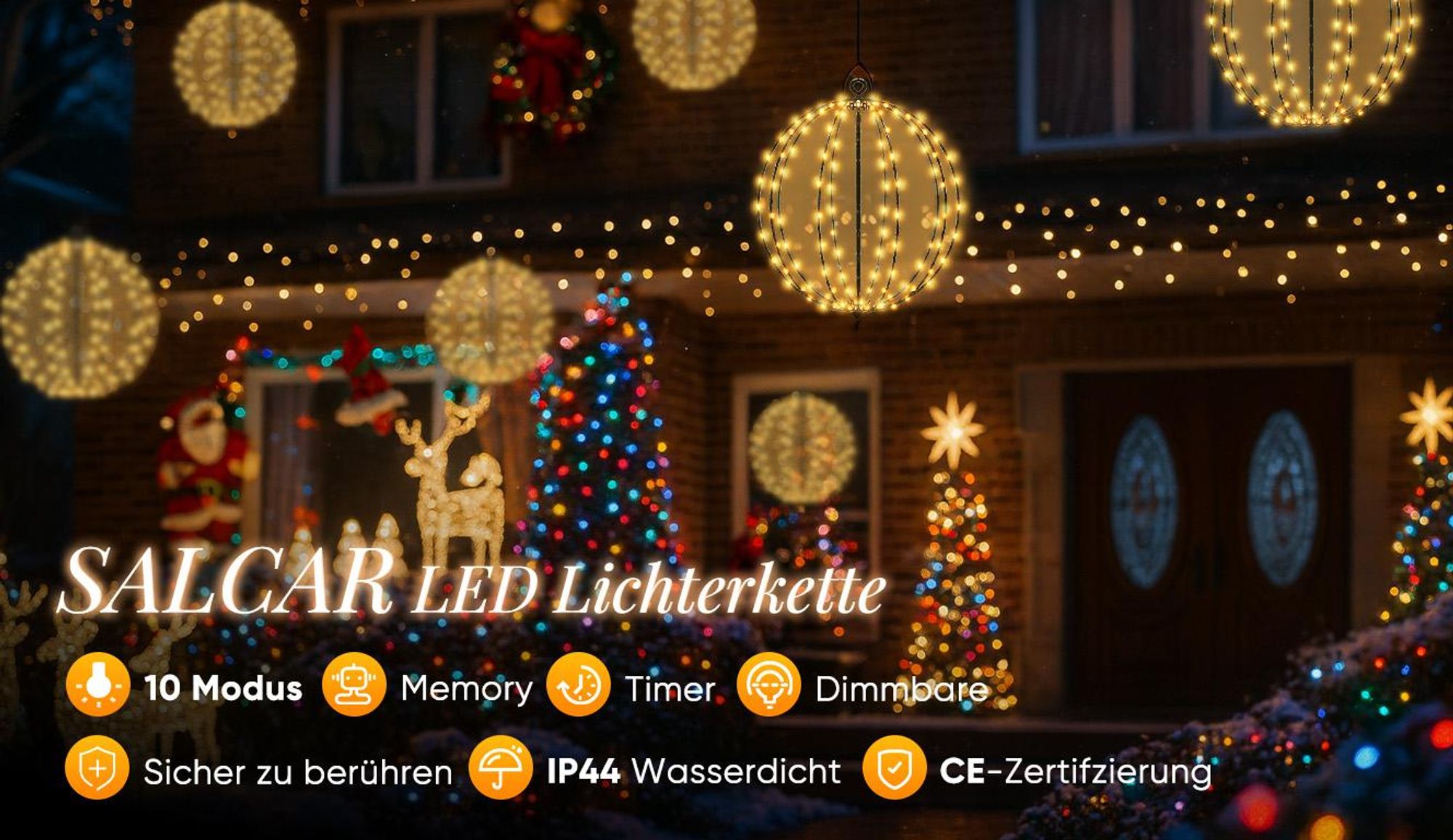 SALCAR LED Weihnachtsbeleuchtung Außen 120 LED Kugel Lichterkette Warmweiß