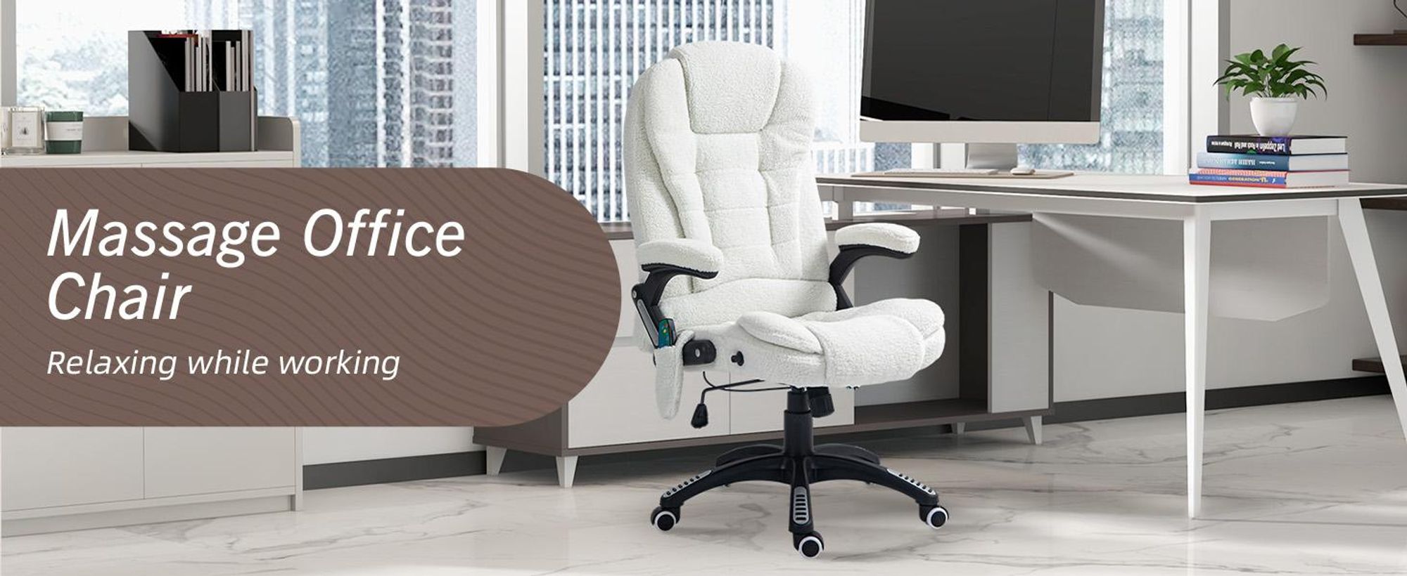 Fotel biurowy Vinsetto z funkcją masażu. Ergonomiczny fotel gabinetowy z funkcją podgrzewania, odchylania i bujania. Regulowana wysokość, obrotowy o 360°. Fotel komputerowy z kieszenią boczną, welurowy wygląd, biały.