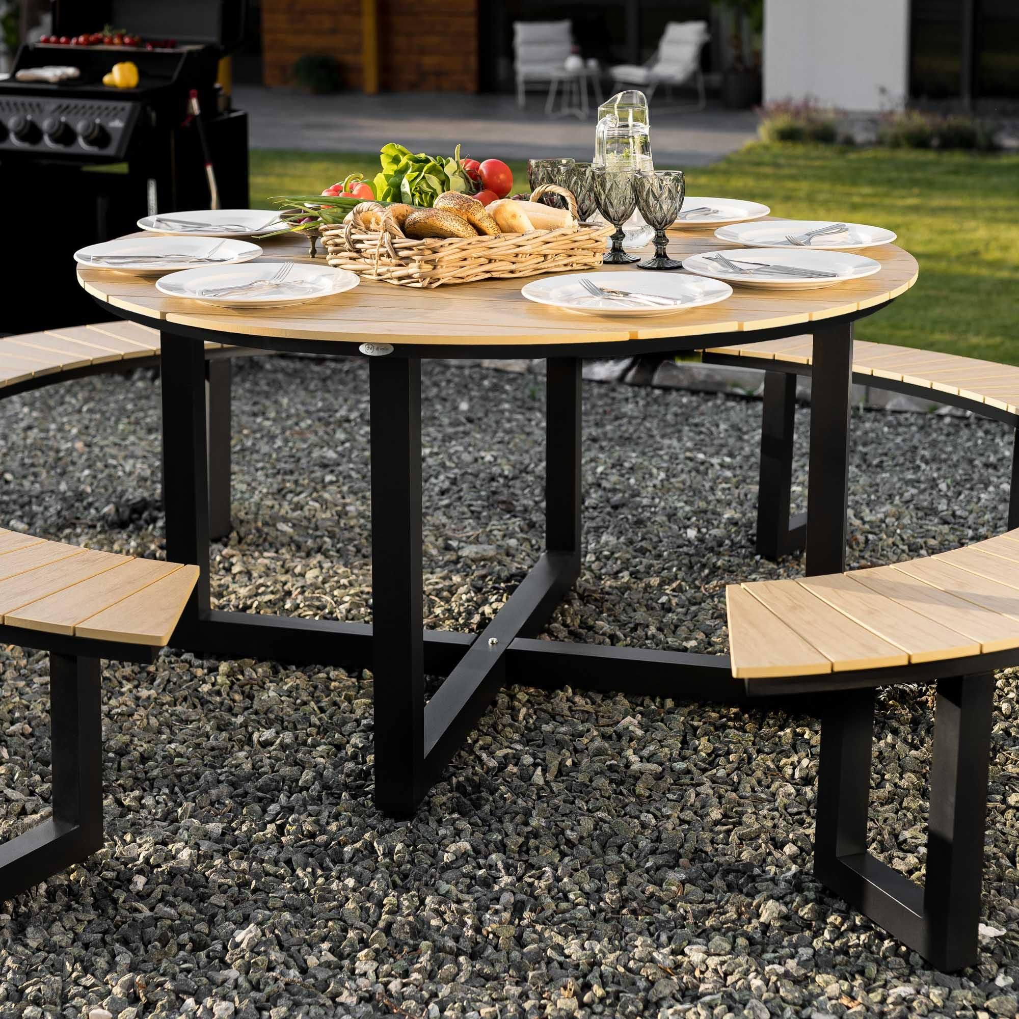 di volio Gartenmöbel Set PORTOFINI - Beige, Sitzgruppe outdoor mit rundem Tisch und Sitzbänken, Esstisch mit stühlen aus wetterfestem PS-Board