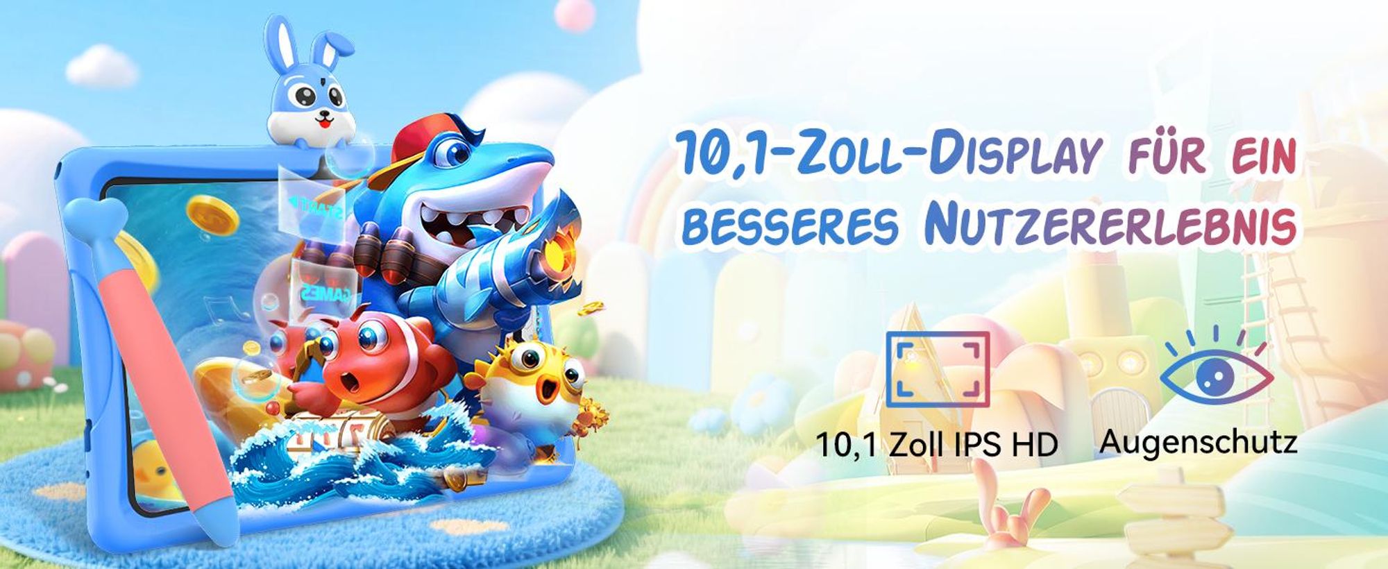 Tabwee K10, 10.1" Kinder Tablet, 4GB+128GB, Android 16, WiFi Tablet für Kinder, mit Schutzhülle und Stift, 5000 mAh, Google Kids Space