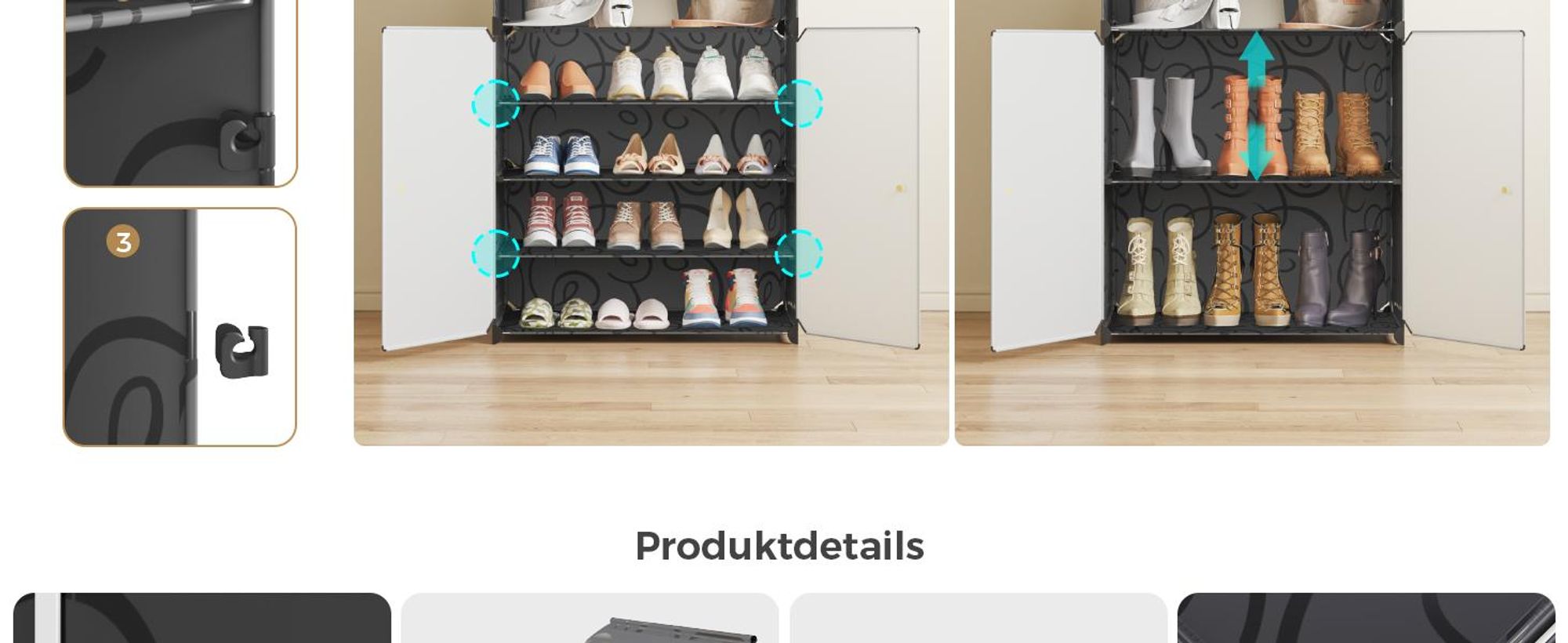 Mondeer Aufbewahrungsschrank aus PP, 6 Fächer Schuhschrank mit Haken für 18 Paar Schuhe, höhenverstellbar, für Flur & Wohnzimmer Schwarz