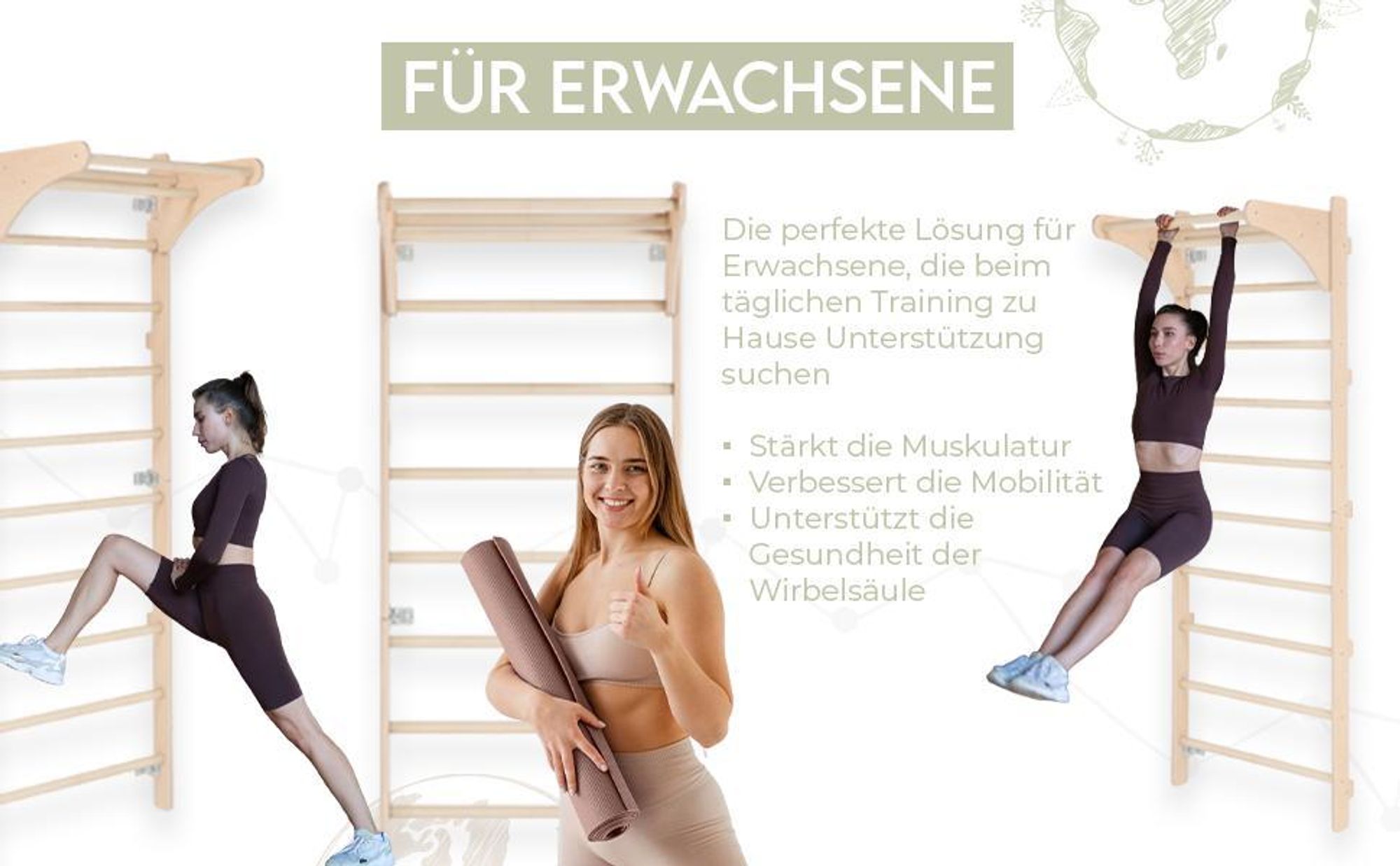 Sprossenwand mit Klimmzugstange für Erwachsene (230 cm) | Holz-Kletterwand | Multifunktionales Fitnessgerät | Kletterleiter für Erwachsene & Kinder