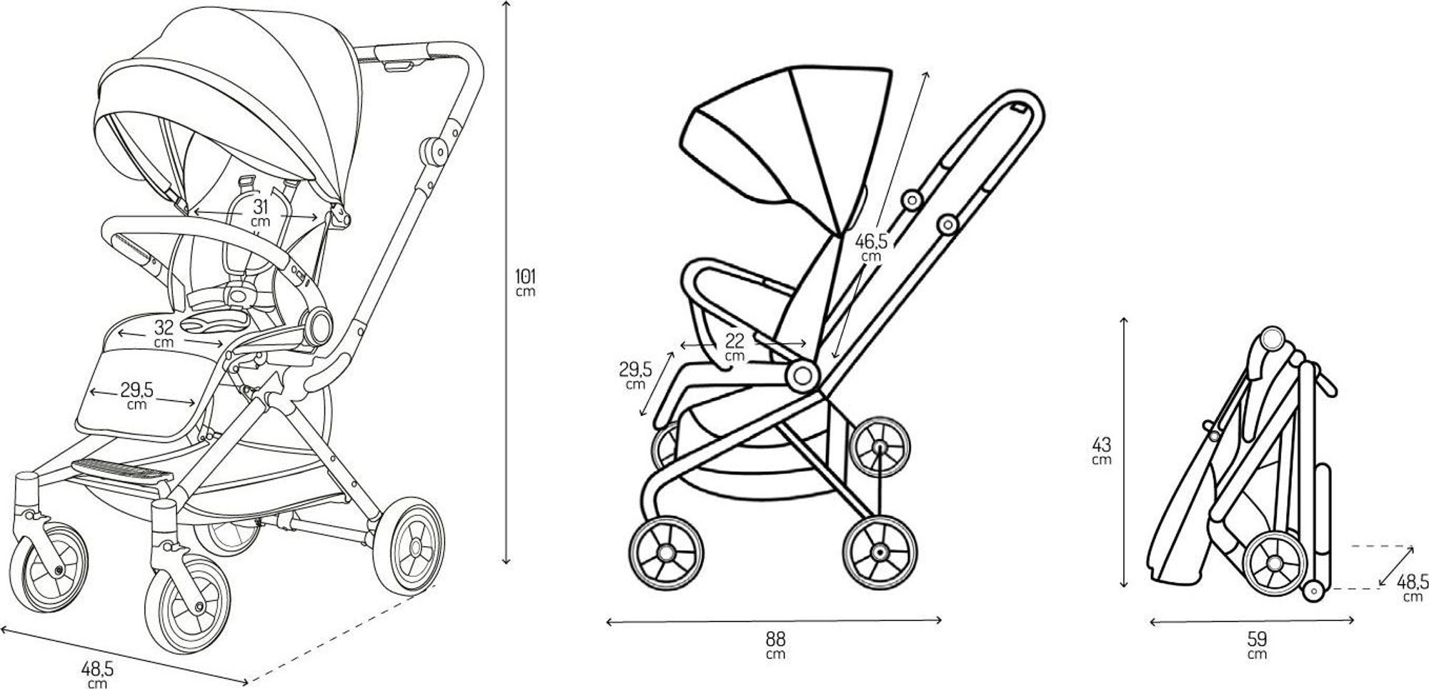 MoMi ADELLE Buggy Kinderwagen - 360° Drehsitz, Leicht, Stoßdämpfung 4 Räder - Schwarz/Gold