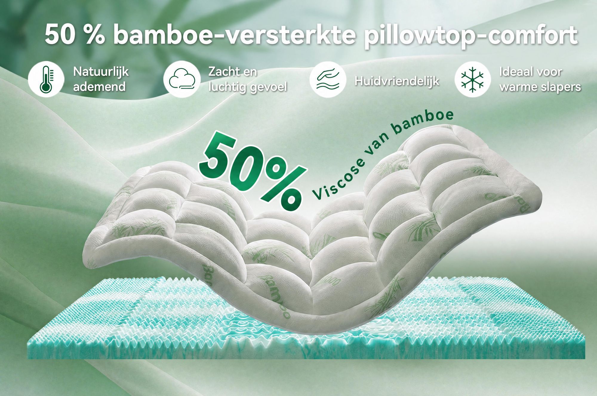 NicePlus 2-in-1 Topper, 90x200x7 cm, traagschuim met 5 zones + bamboe tijk, met hoekelastieken geschikt voor alle matrassen, H2/H3, groen