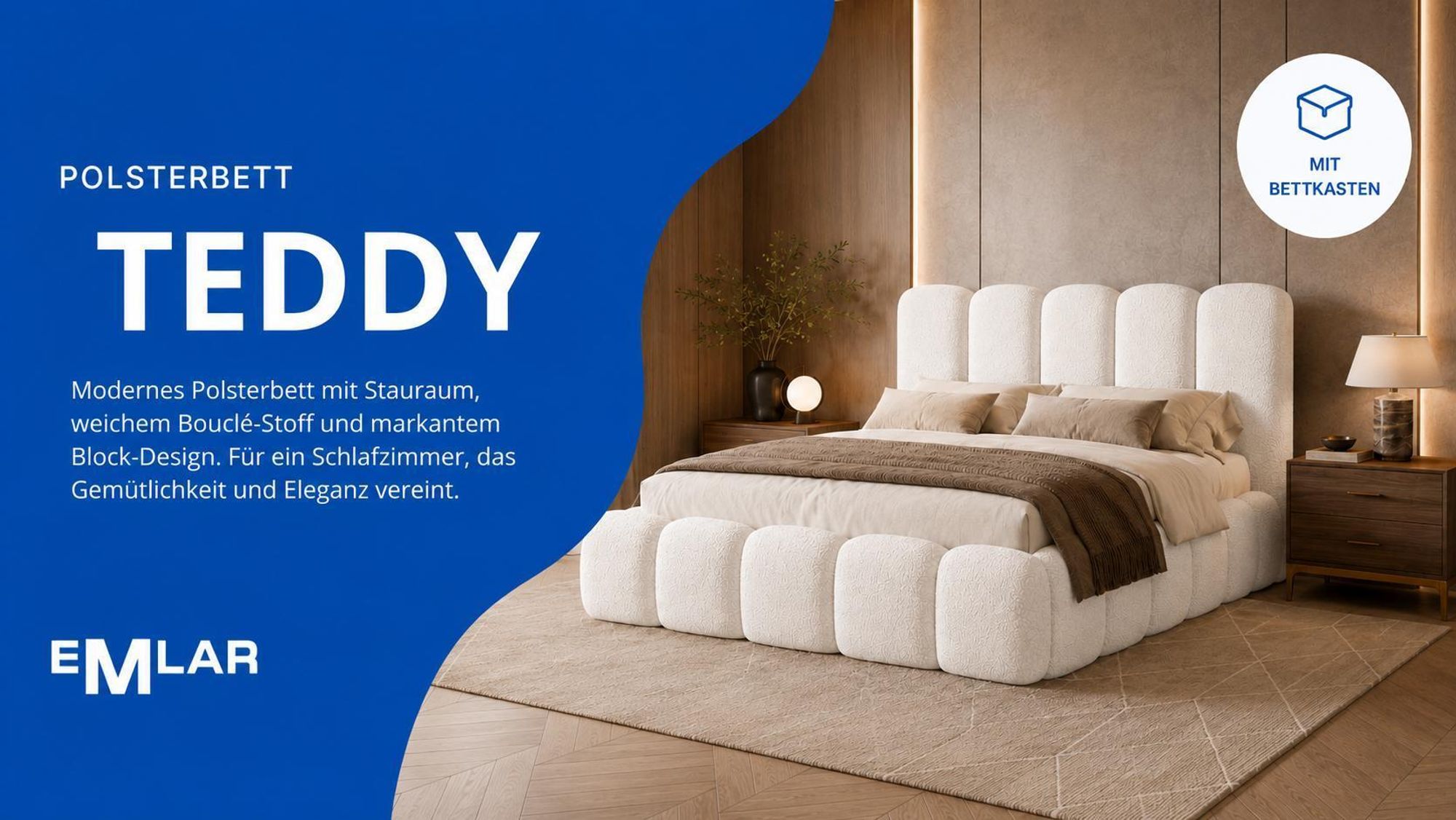 Polsterbett TEDDY aus Bouclé-Stoff Quelle mit Stauraum und modernem Design