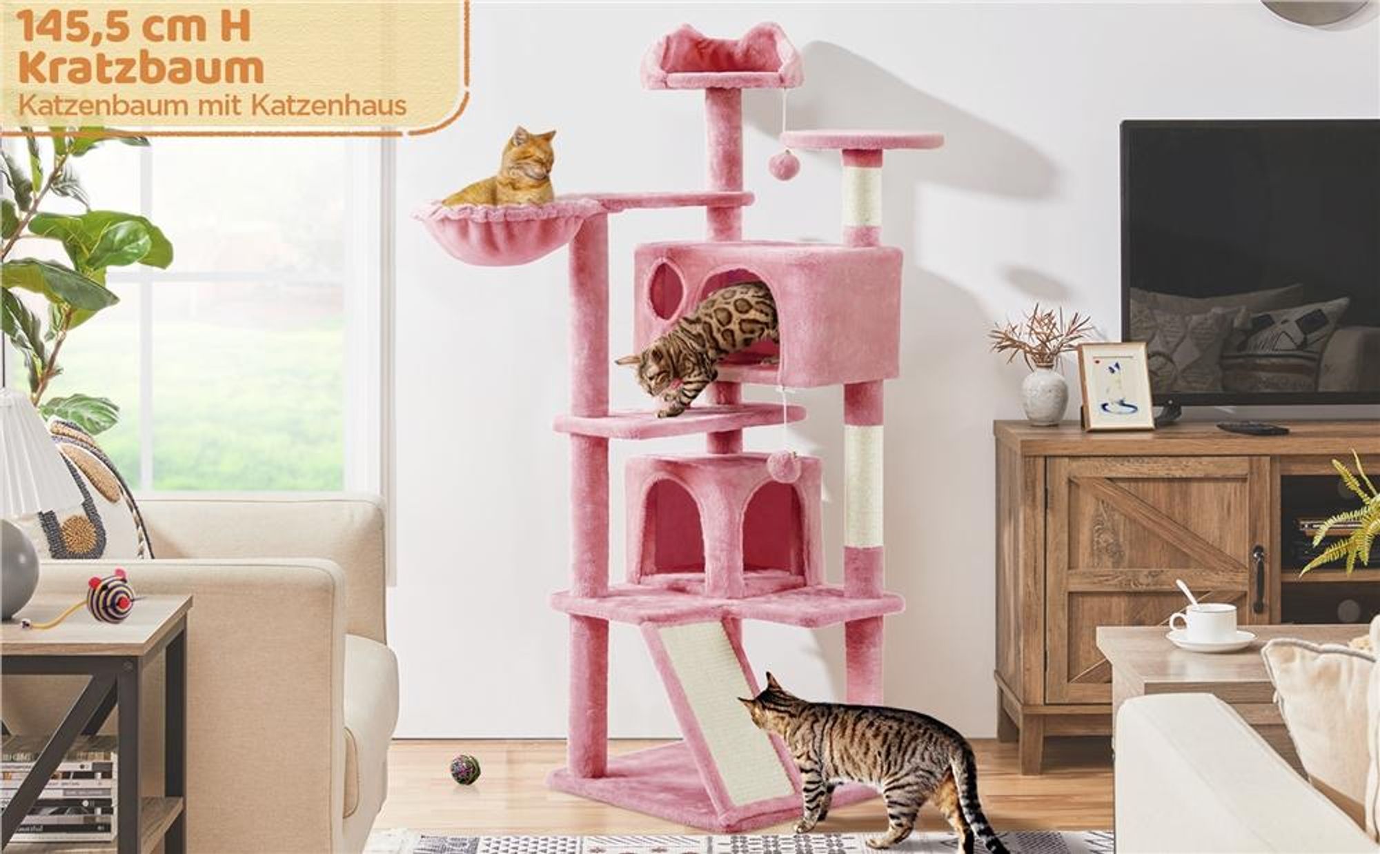 Yaheetech Kratzbaum 146 cm Katzenbaum mit 2 Katzenhöhlen & 3 Aussichtsplattformen, Rosa