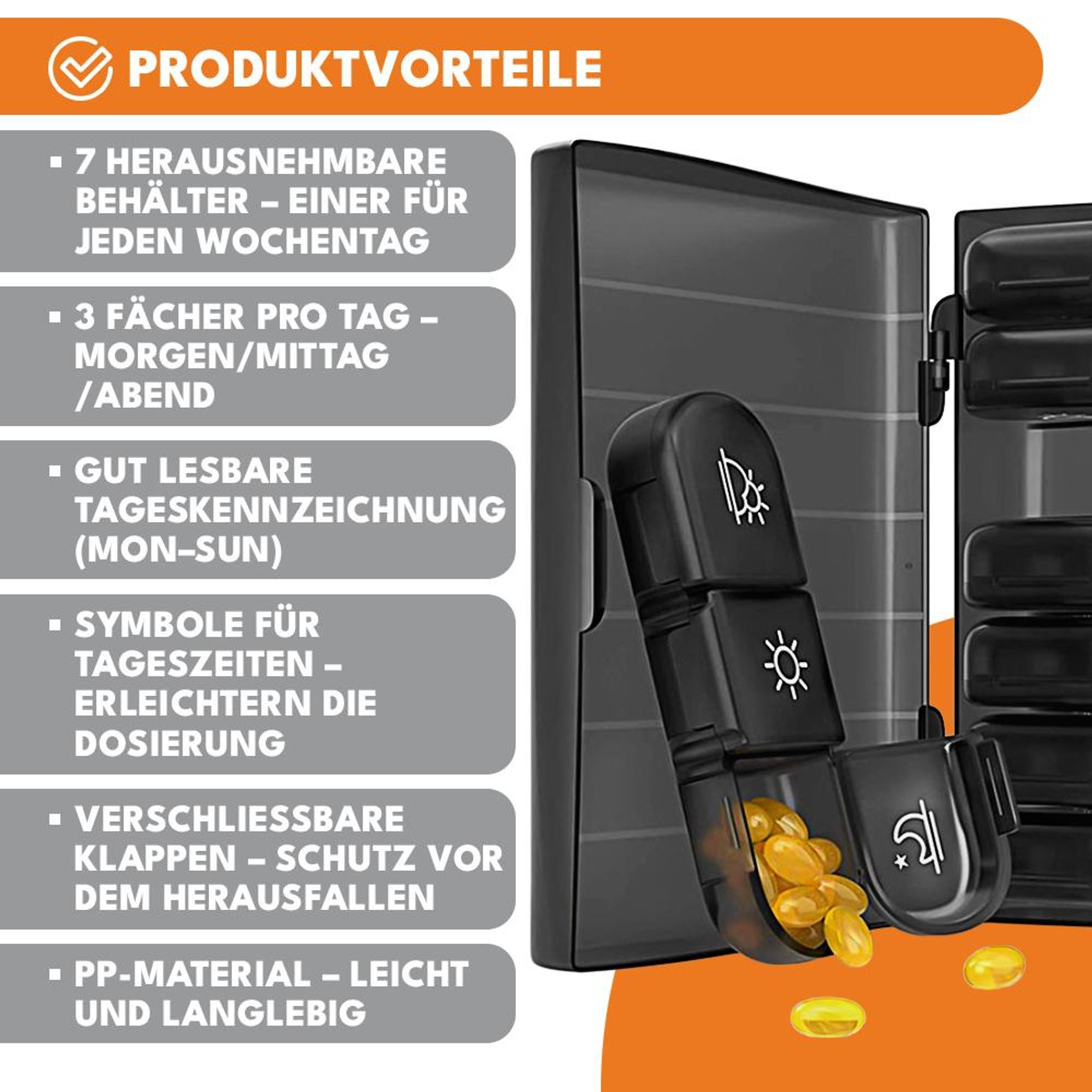 KRUMAD Tablettenbox 7 Tage, Medikamentenbox mit Tagesfächern morgens mittags abends, kompakte Pillendose für Medikamente & Supplements