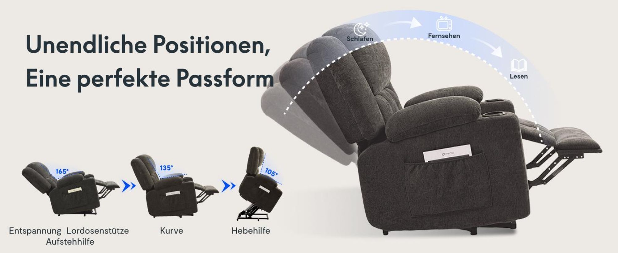 FLEXISPOT XL6 Elektrischer Massagesessel mit Aufstehhilfe, Heizfunktion, USB-Anschluss&Decke, 105°-165° verstellbar, belastbar bis 200 kg (Dunkelgrau)
