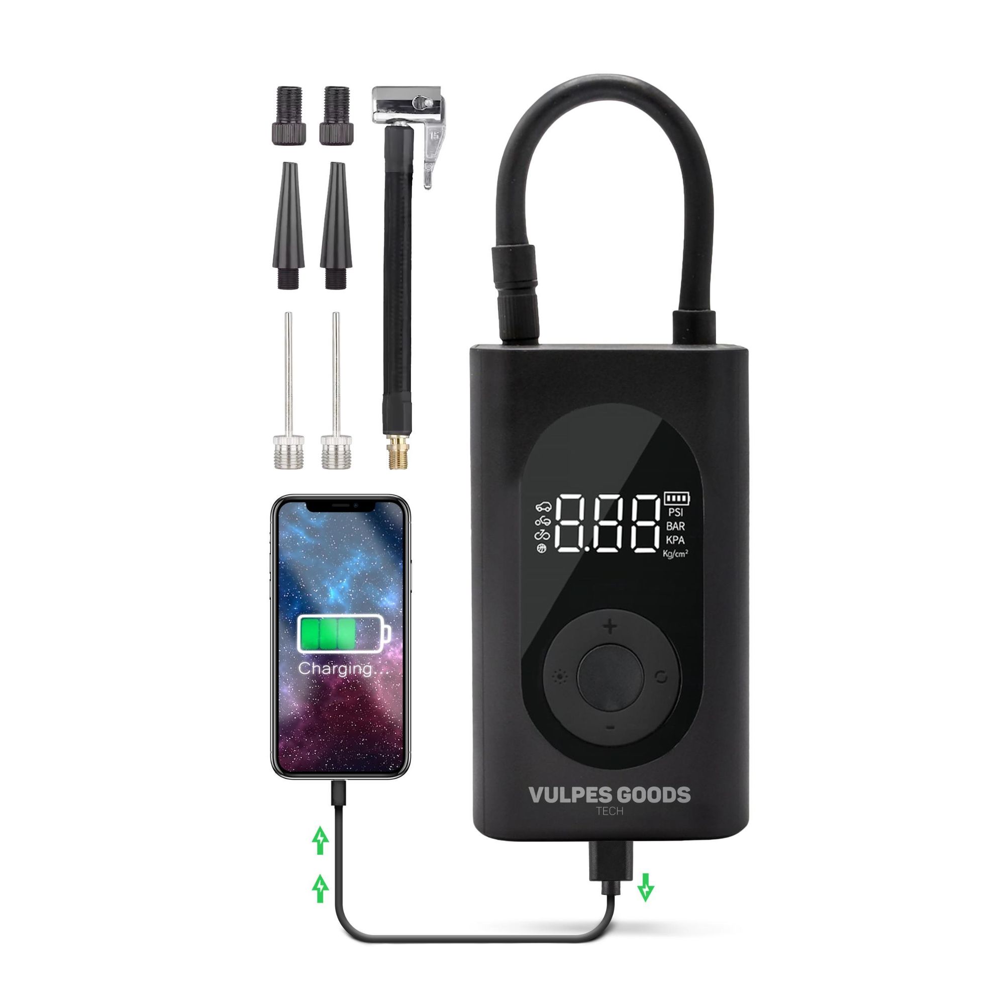 Vulpes Goods Luftkompressor, Tragbarer Kompressor, 6400mAh, Kompressor für Auto, Scooter, Fahrrad, Ball und Luftmatratze, Reisetasche, Mit 7 Aufsätzen