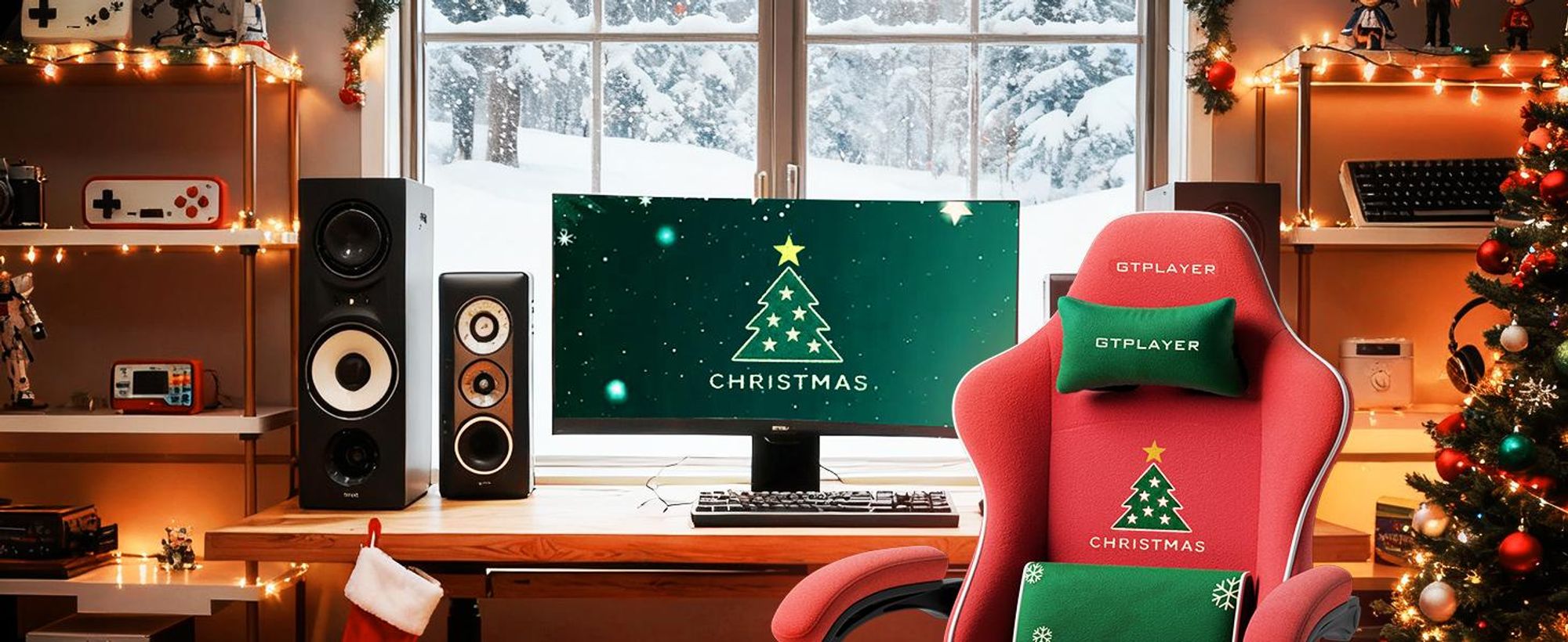 GTPLAYER Gaming Stuhl Weihnachtsmotiv, Gaming Chair mit Fußstütze, extra breite Sitzfläche, mit Federkissen & synchronisierter Armlehne Samt rot