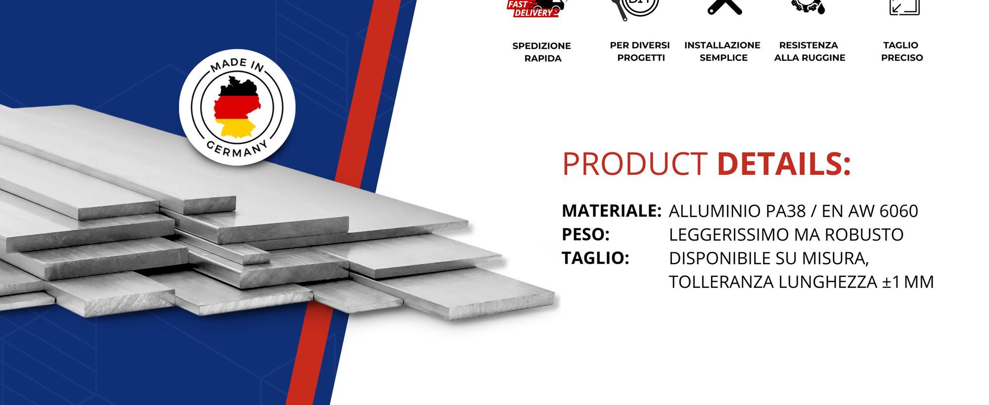 Barra piatta in alluminio 40x2 mm 200 cm Profilo in alluminio + taglio su misura