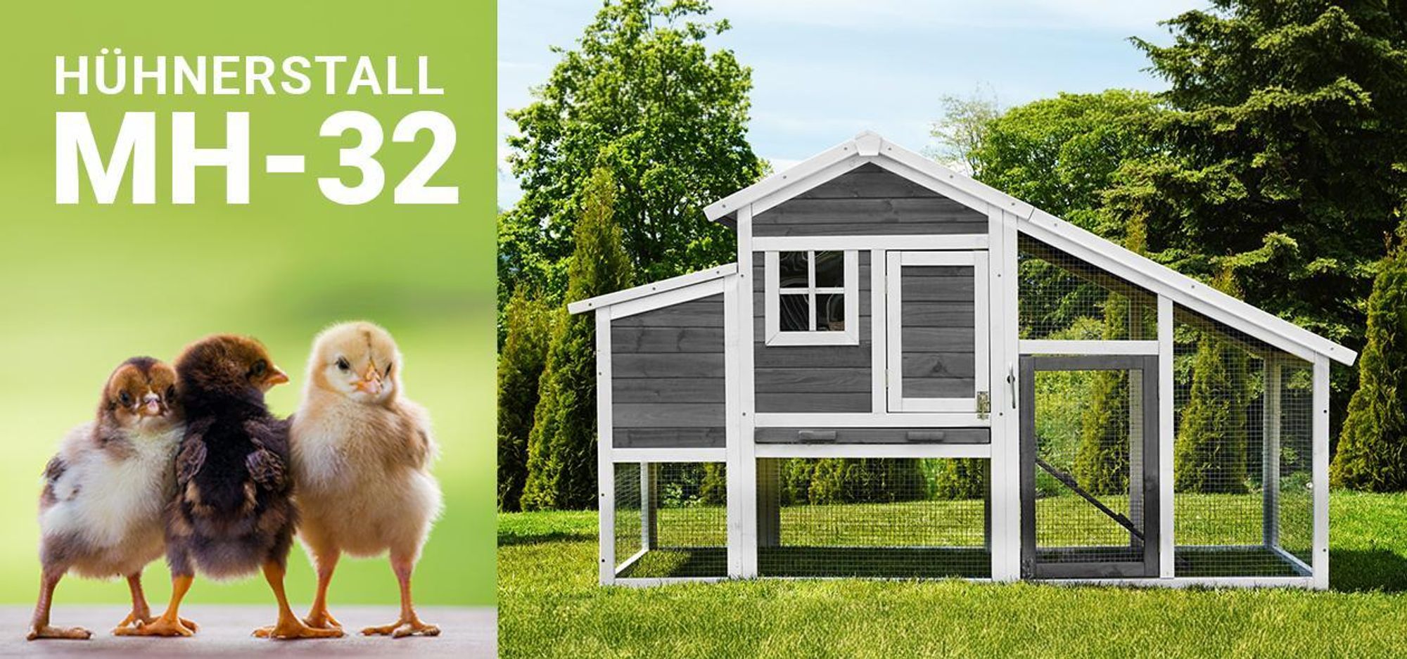 MyAnimal Hühnerstall MH-32 | Für 4 Hühner - Hühnerhaus Zweistöckig  - 2 Sitzstangen  -  Nistkasten - Eiablage - Freilaufgehege (Grau/Weiß 2.0)