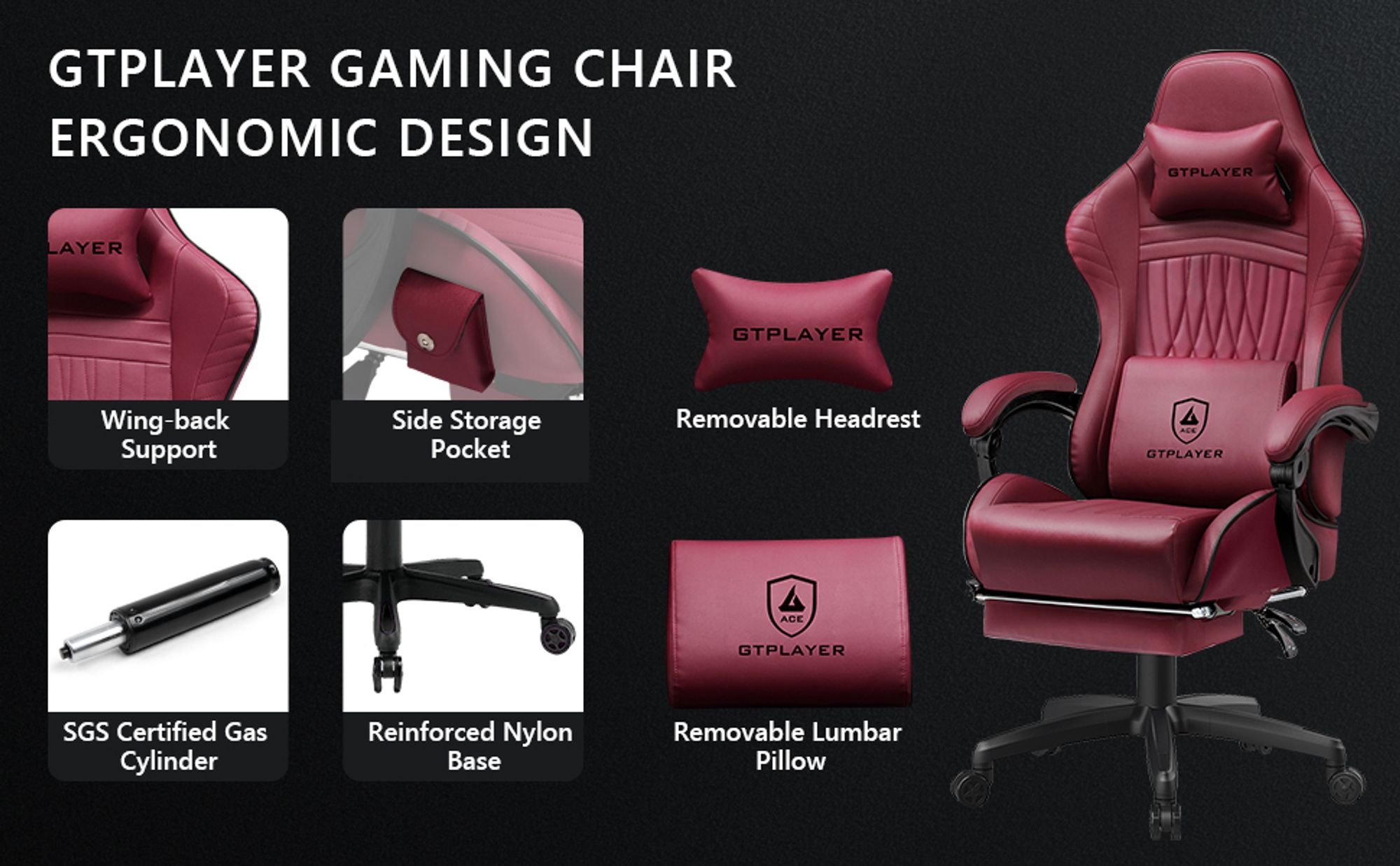 GTPLAYER Gaming-Stuhl ACE PRO, Ergonomischer Bürostuhl Neigbare Armlehnen Mit Fußstütze, Hi-Fi Lautsprecher, Beeindruckende Klang-atmosphäre, Rot