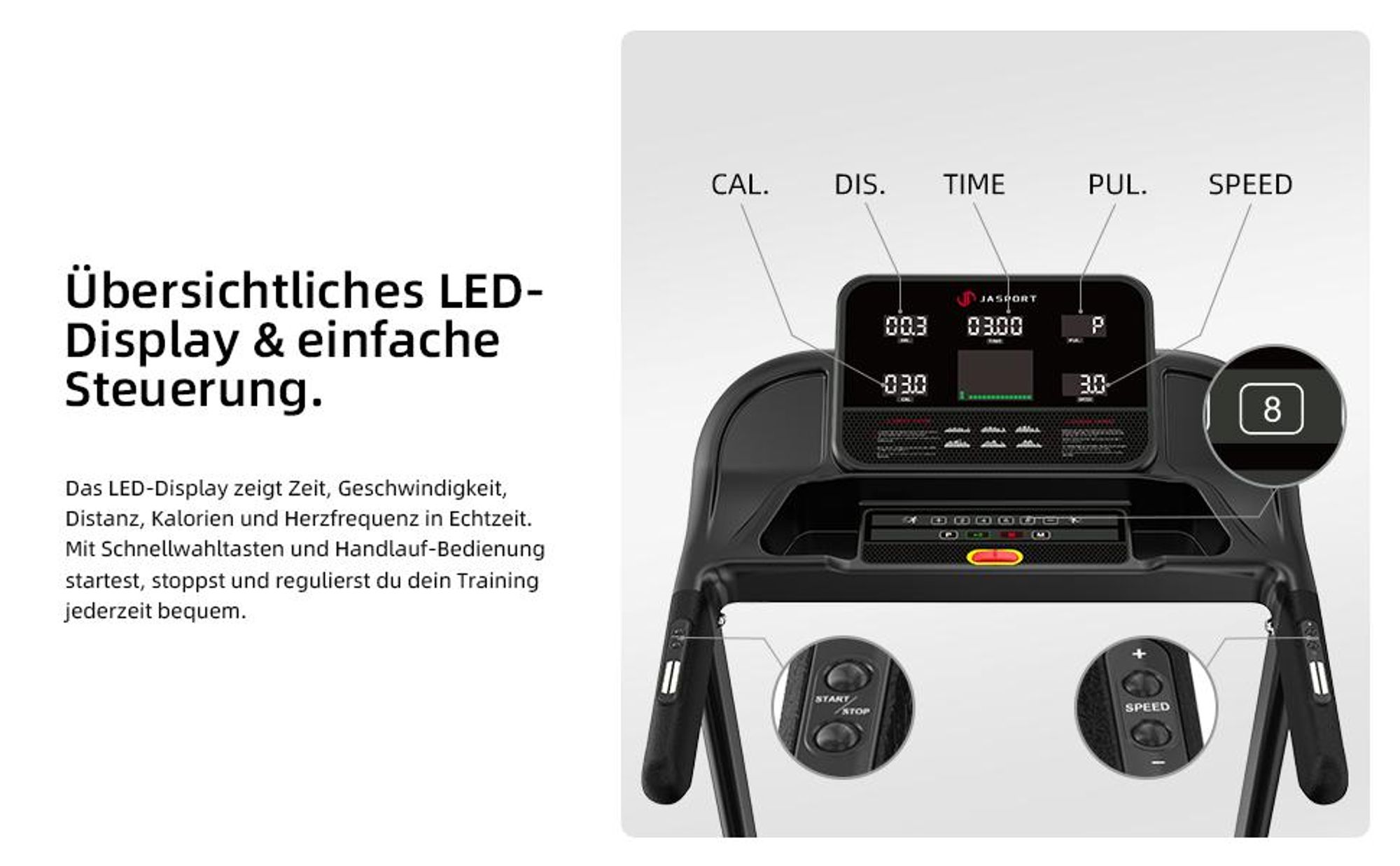 JASPORT L4 Laufband klappbar – 3.0 PS DC-Motor, bis 14 km/h, 3-Stufen Steigung, 1100×430 mm Lauffläche, LED, Bluetooth, App, 100 kg Belastbarkeit