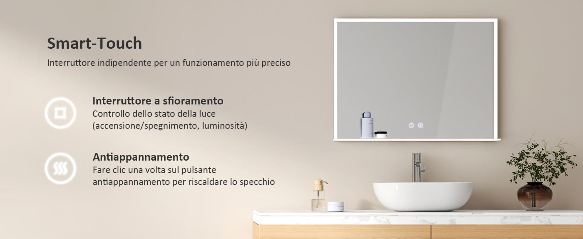 Specchio da bagno EMKE 80x60cm Illuminazione a LED con mensola Specchio da bagno orizzontale Interruttore touch 6500K Specchio orizzontale senza nebbia Touch bianco freddo
