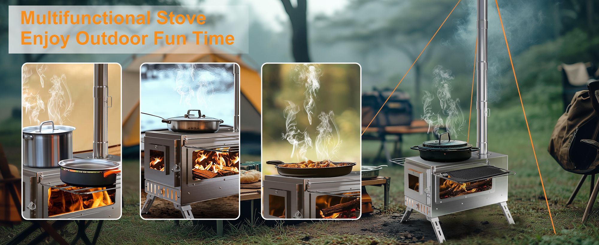 unho Edelstahl Outdoor-Holzofen, Camping-Holzofen, tragbarer Zeltofen, Zeltheizofen, faltbar, Kocher Notofen Herd Heizung Outdoor
