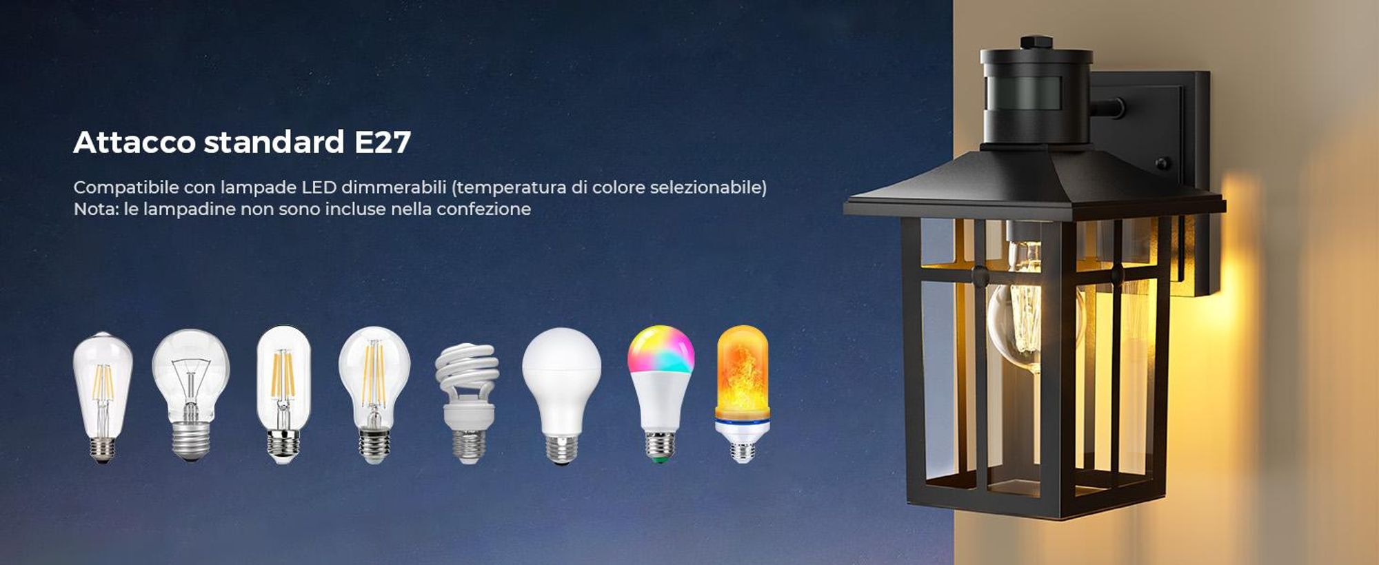 S'AFIELINA lampada da esterno con rilevatore di movimento, IP44, lampada da parete E27 per terrazza, parete di casa, luce esterna nera, 1 pezzo