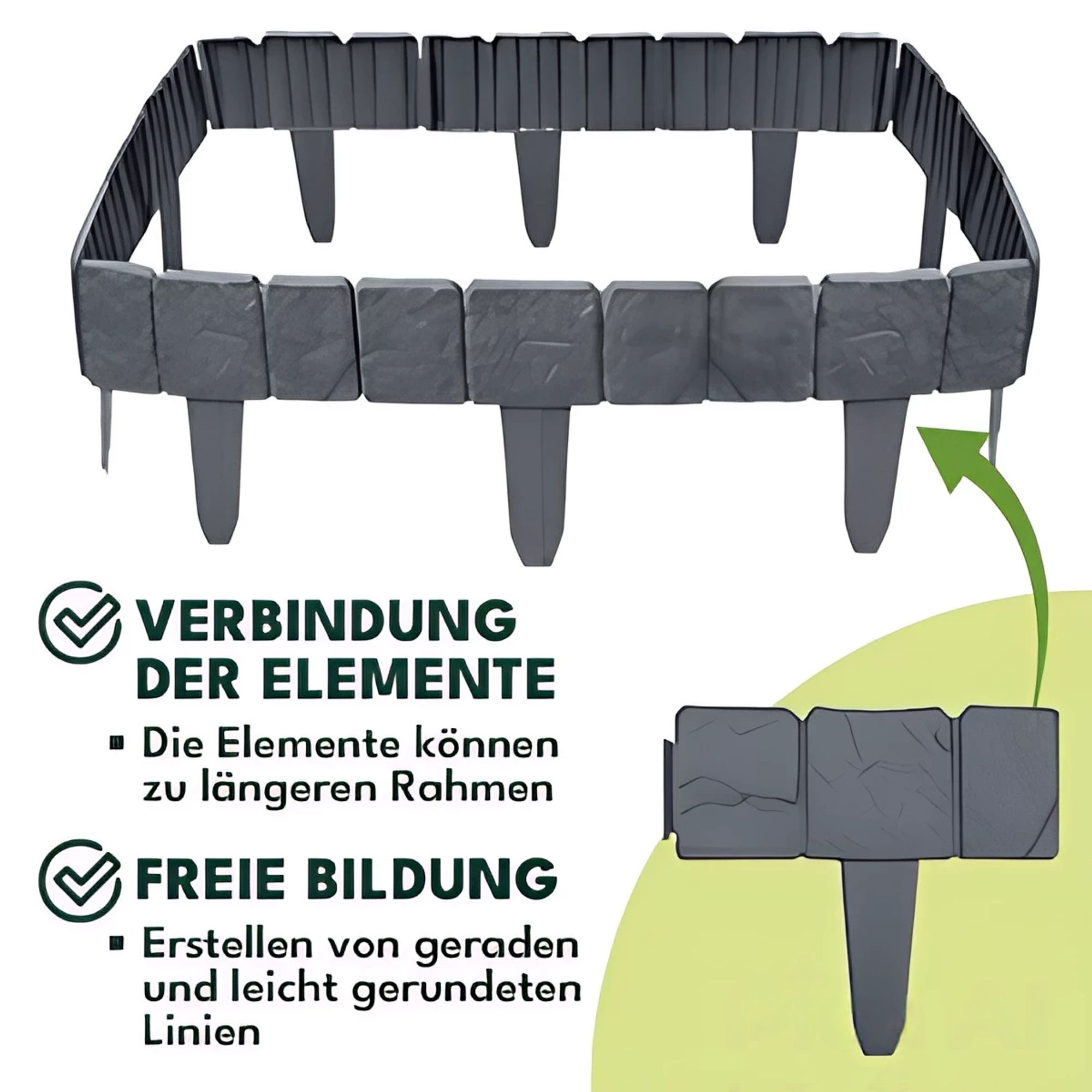 KRUMAD Rasenkante Beeteinfassung Steinoptik 250 cm 10 Stück Anthrazit Flexible Kunststoff Wetterfest Garten