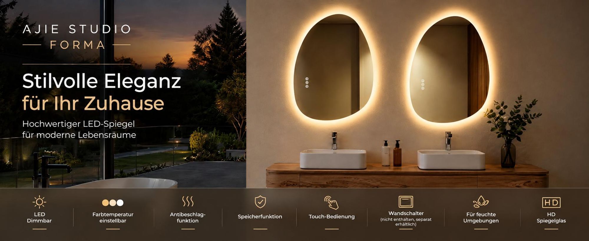 AJIE Studio FORMA LED-Badspiegel, Asymmetrisch, 75 x 55 cm, 3 Lichtfarben, dimmbar, Touch-Steuerung, Antibeschlag, Memory-Funktion, mit EU-Stecker