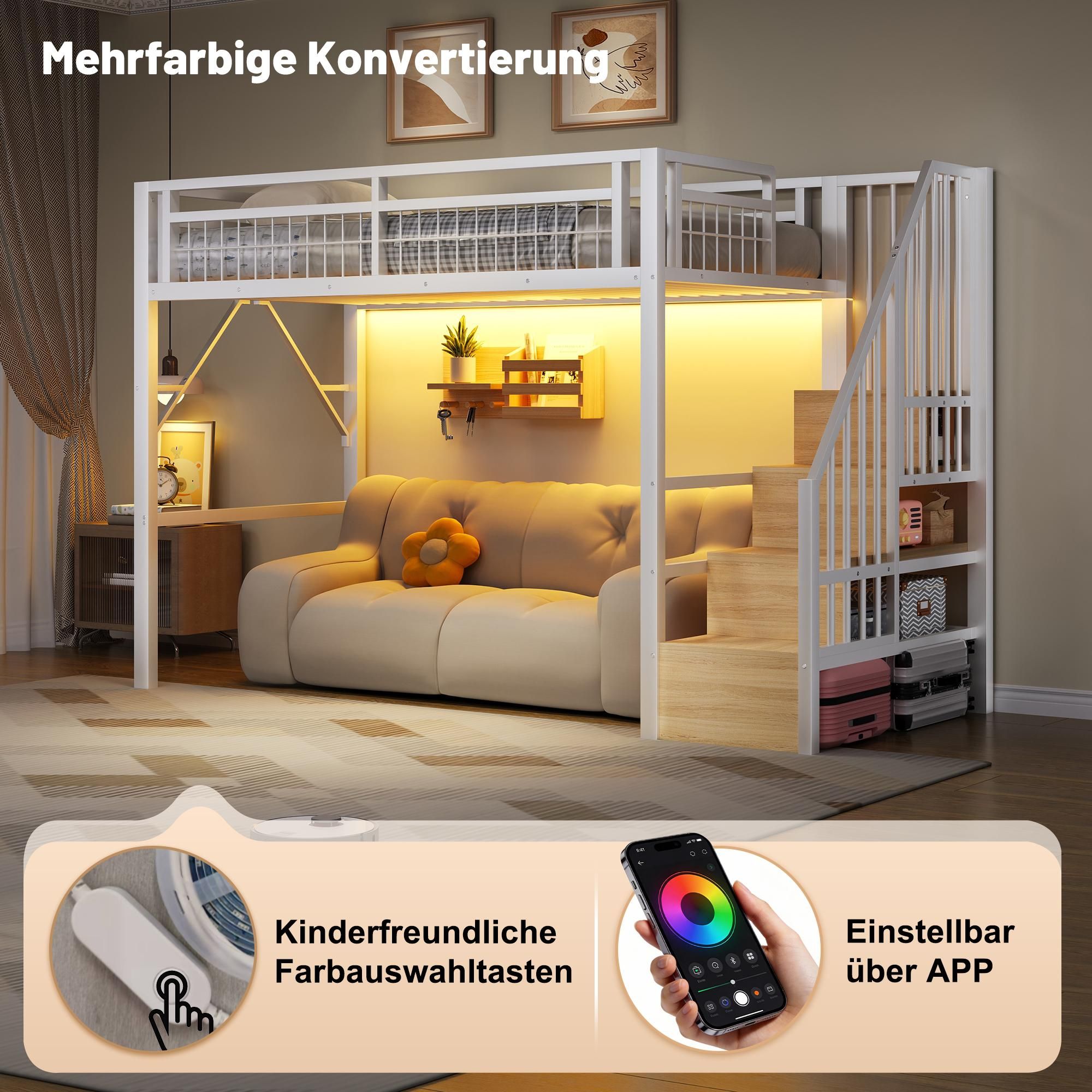 MODFU Hochbett 90×200 Kinderbett mit LED,Treppe mit Stauraum,Eisenrahmen,Einzelbett Jugendbett mit offener Freiraum unter dem Bett,ohne Matratze,Weiß
