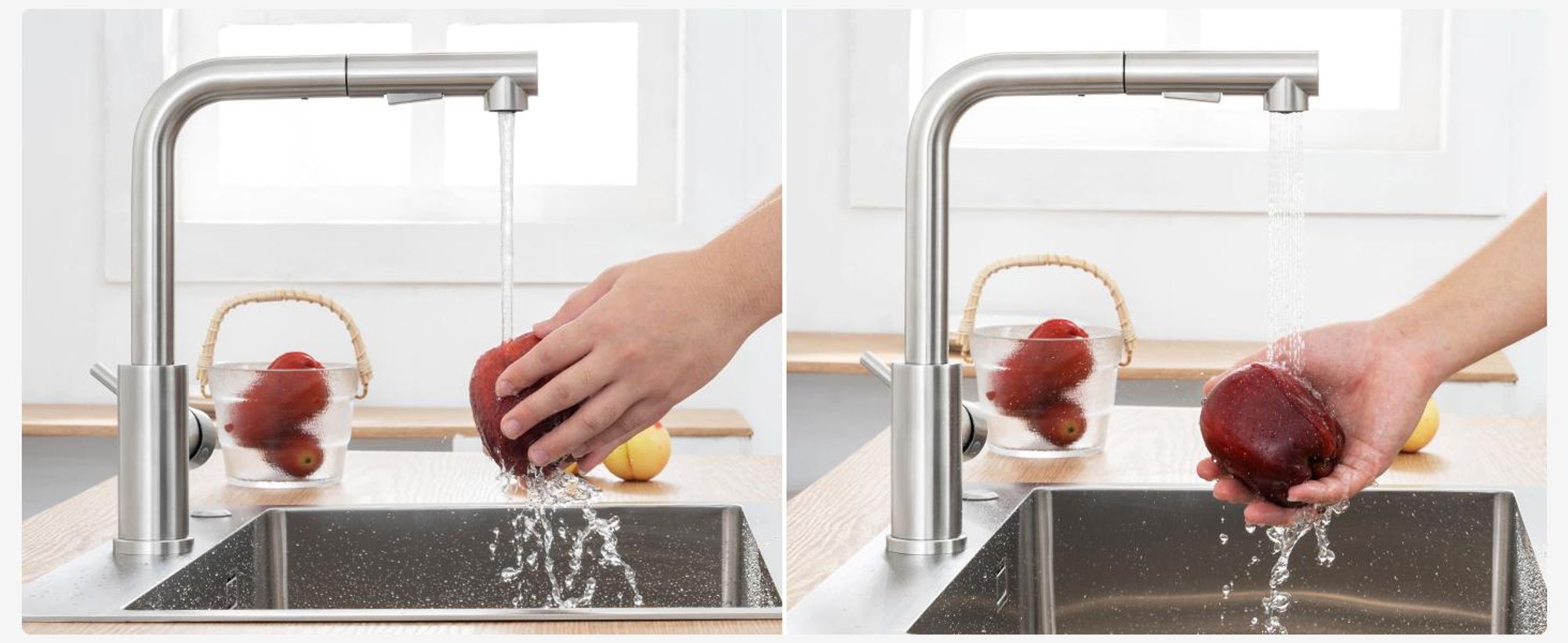 Lonheo Niederdruck Küchenarmatur Wasserhahn Küche ausziehbar 360° drehbar Spültischarmatur mit Brause, Edelstahl Küchenwasserhahn, Gebürstet