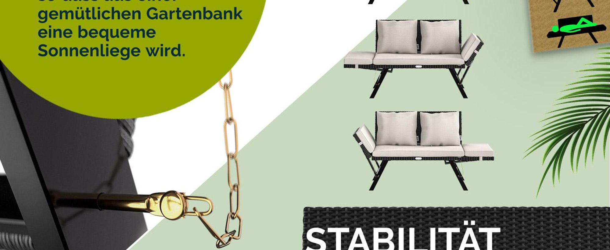 CASARIA® Polyrattan Gartenbank mit Liegefunktion Schwarz