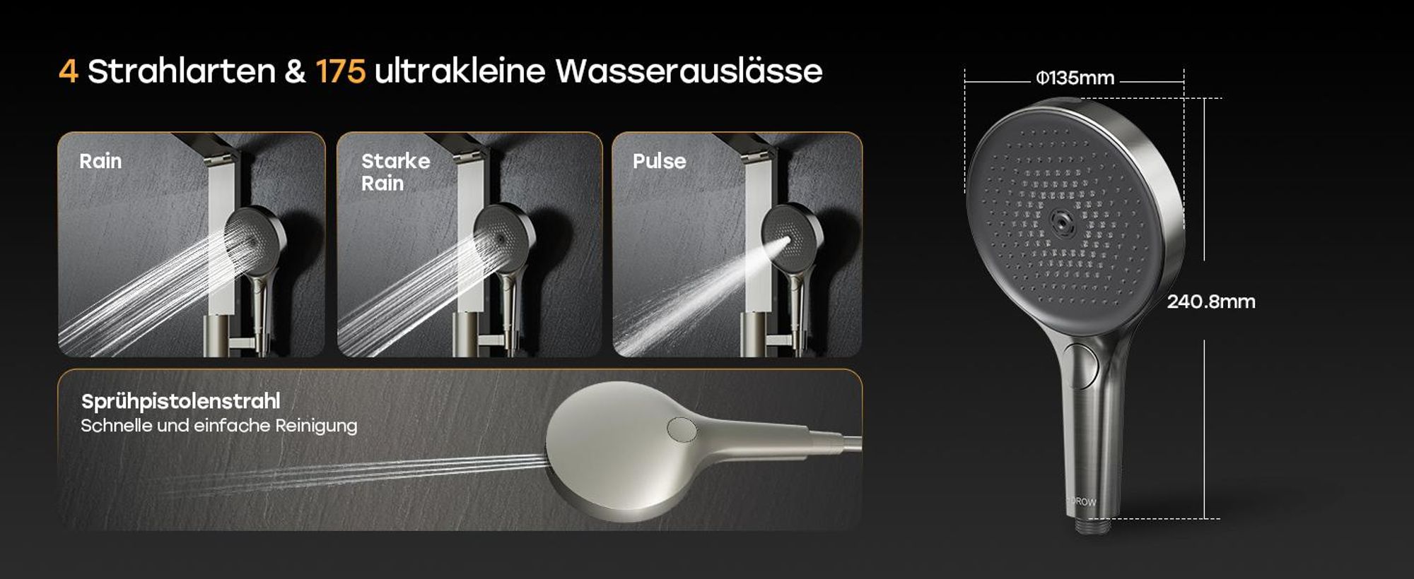 HOROW RainFlexi S2 Duschpaneel mit Thermostat, Grau Regendusche mit Klappbaren Kopfbrause, Höhenverstellbares Duschsystem