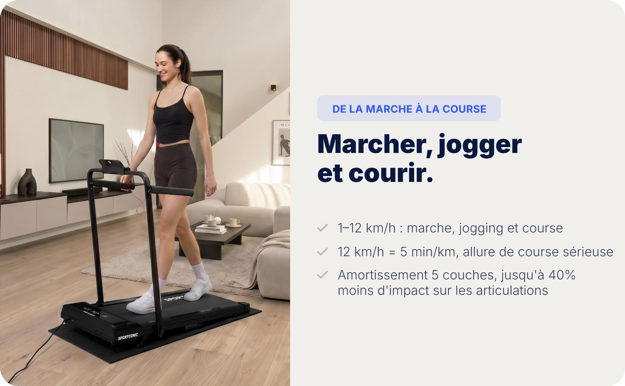 Sportconic Tapis de Course Électrique 12 km/h, Walking Pad Pliable Maison Bureau, Inclinaison 9%, Écran LED, Support Tablette